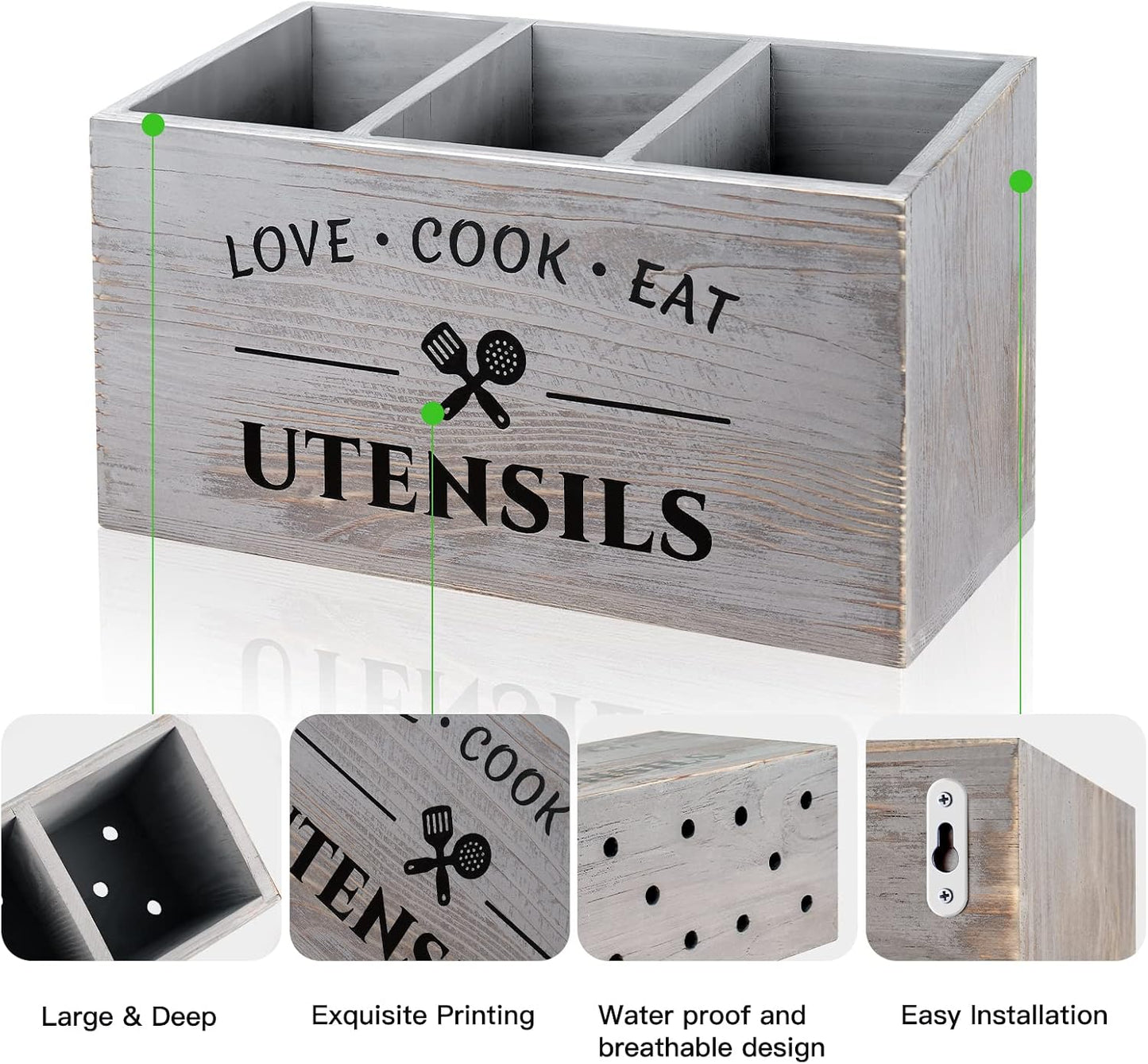 MINCORD Wood Utensil Holder for Kitchen Counter | Grey Rustic Utensil Caddy with 3 Compartments | Farmhouse Flatware
