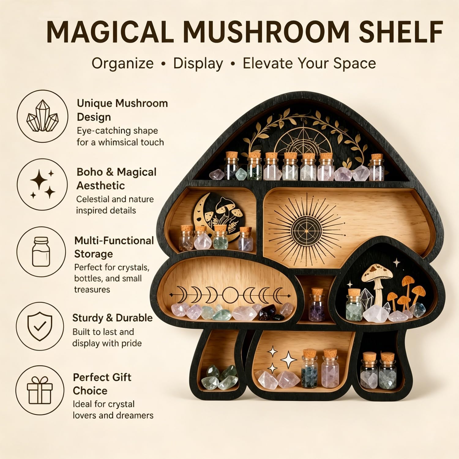 Crystal Holder / Decor Wall Shelves / 3-mushroom