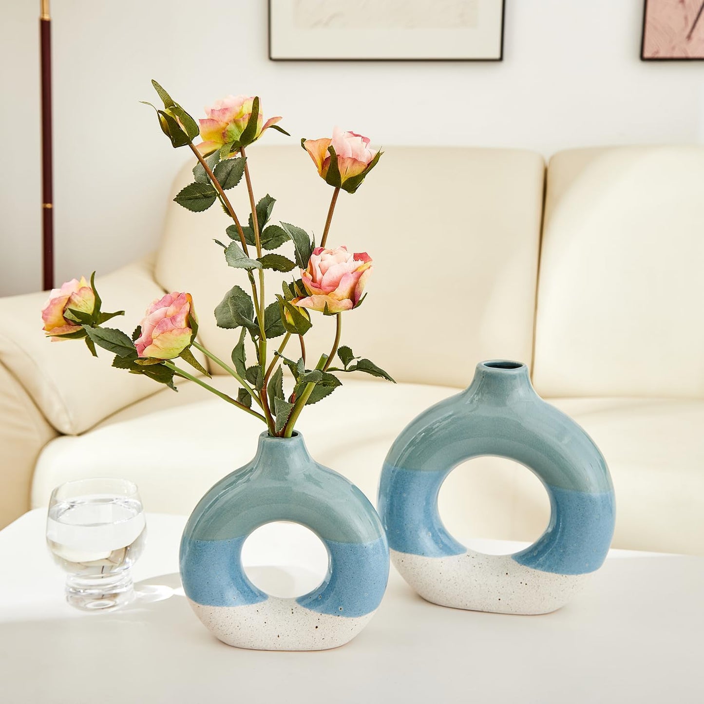 Decorative Ceramic Flower Vase / Donut Vase-blue-2 Sets / Set of 2