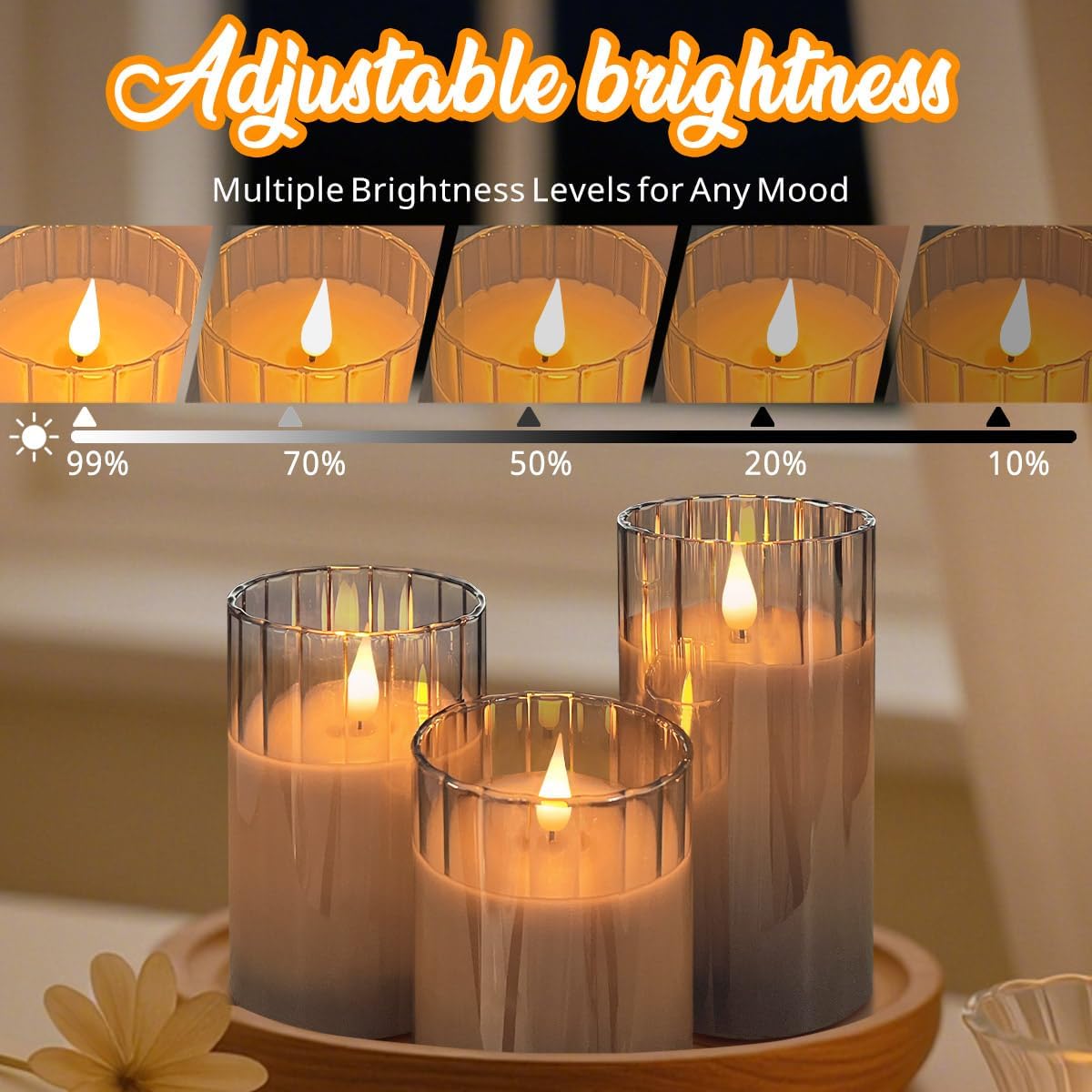 LEDHOLYT Rechargeable Flameless Candle, Flashing LED Pillar Real Wax Candle with Remote Control and Timer, Grey Stripes