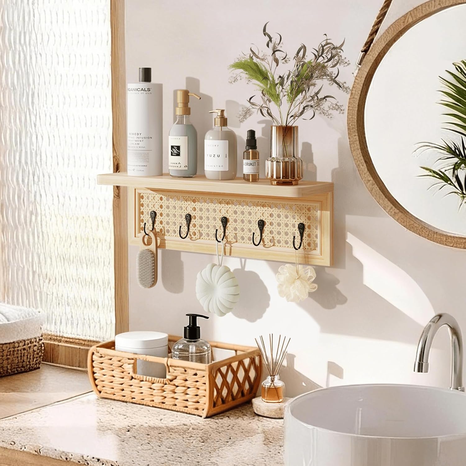 Wood Floating Shelves / Metal Hook / Natural