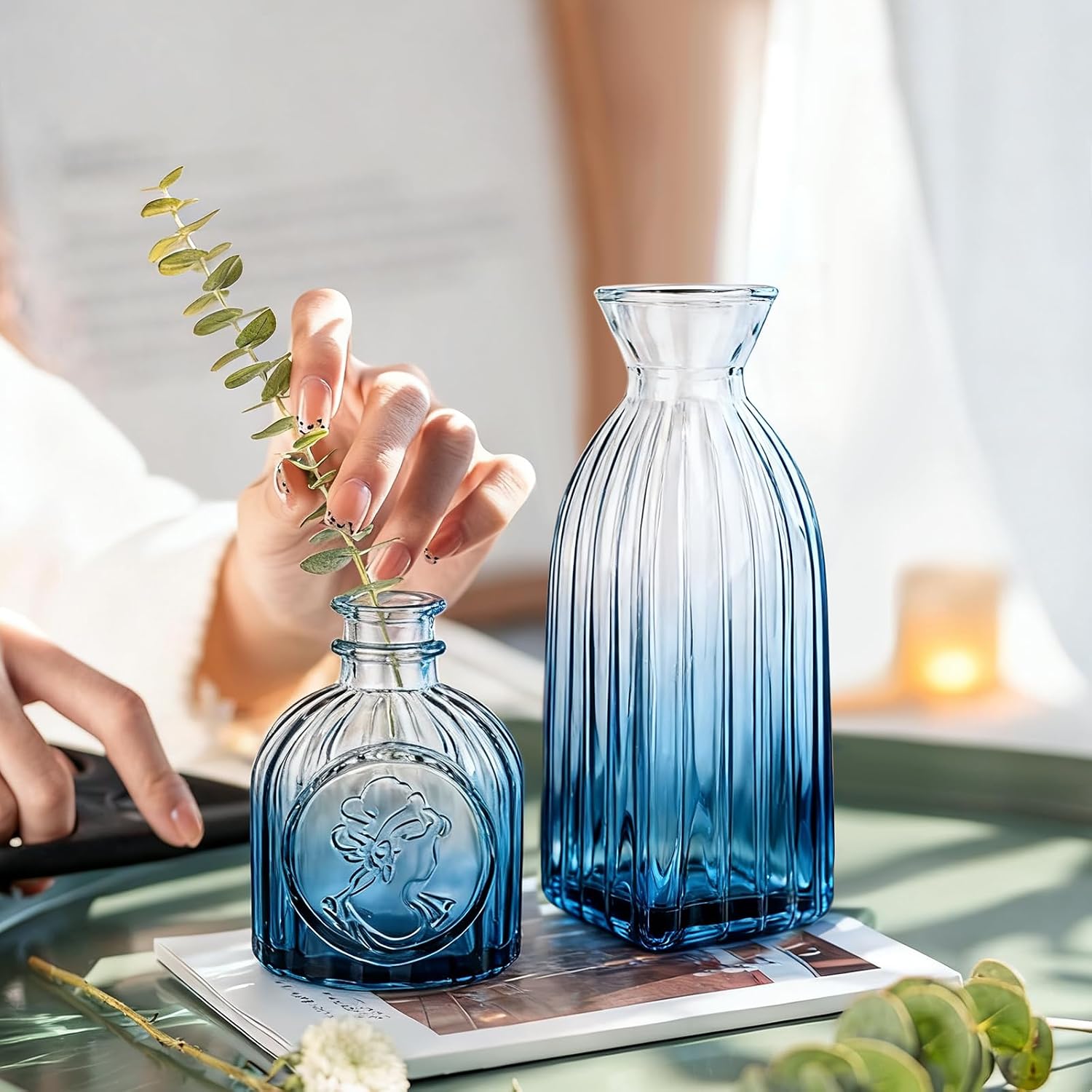 Small Mini Glass Vases for Centerpieces / Ombre Blue / Set of 12