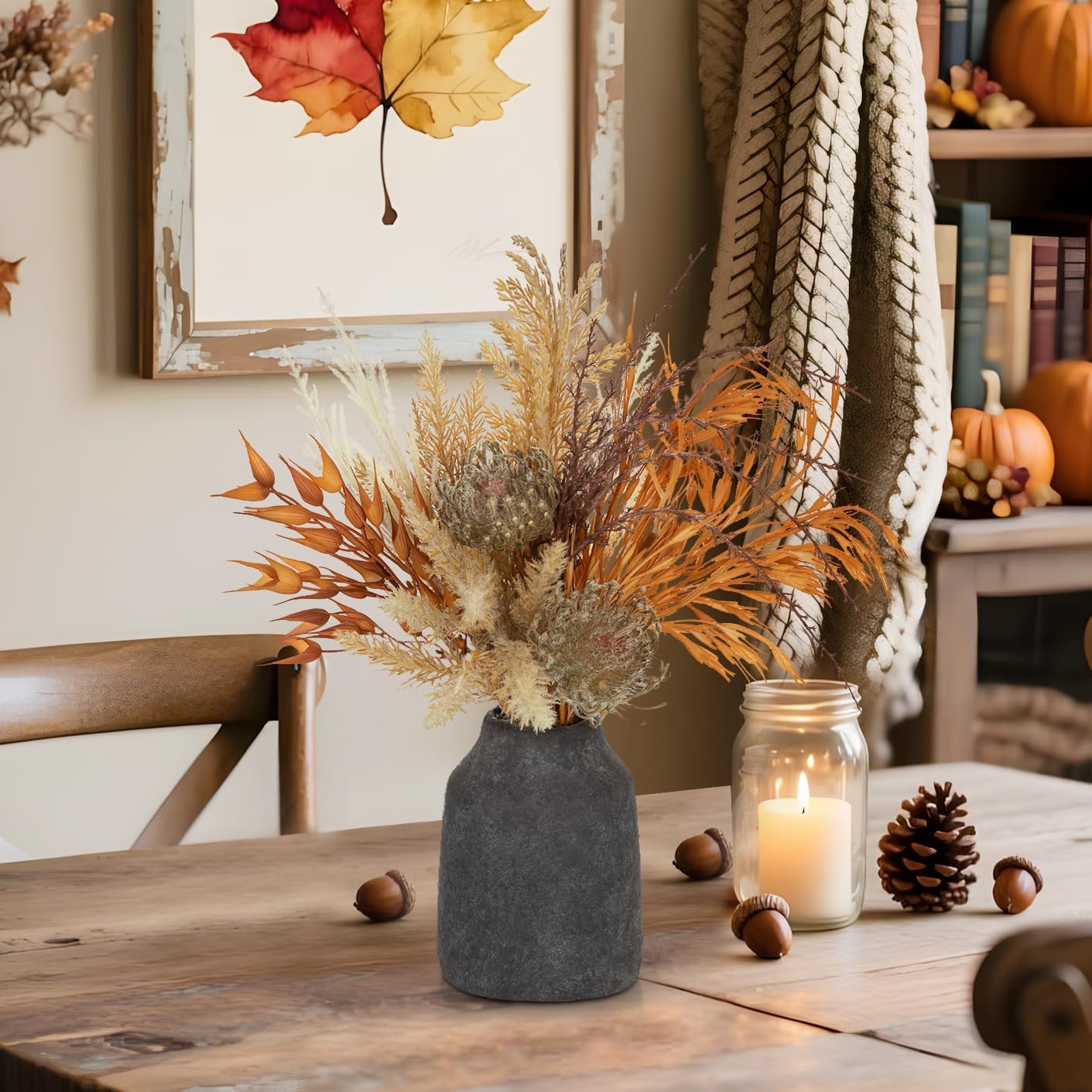 Artificial Pampas Grass Flowers Bouquet Plant in Ceramic Vase Fluffy / Blue