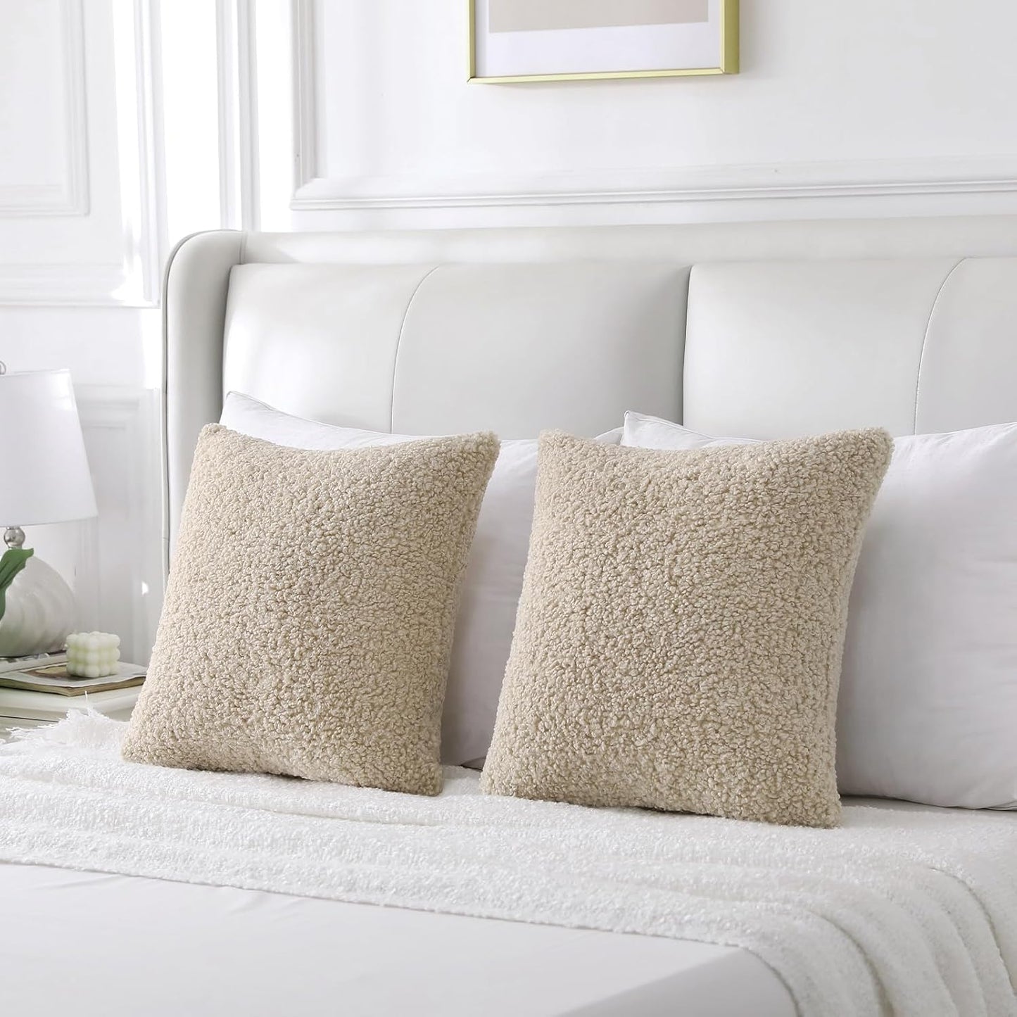 Furry Faux Fur Teddy Boucle Textured Cushion Covers / Beige / 18 x 18 / Set of 2