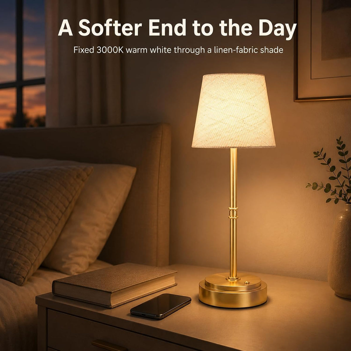 Rechargeable Cordless Table Lamp, Nightstand to End Table,Gold,1 Pack | 6000mAh Battery Operated, 16-Inch Antique Brass