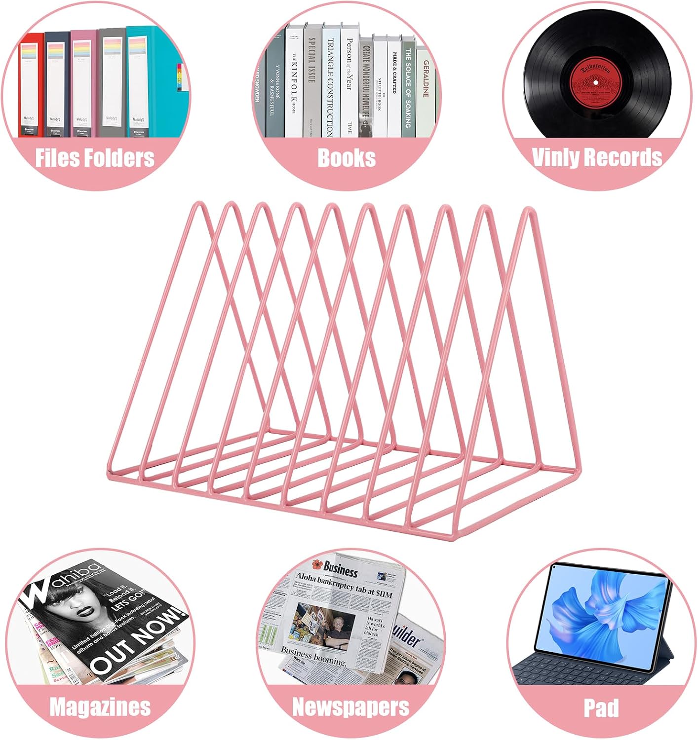 Vinyl Record Holder Storage, 9 Slot Metal Magazine Book Album Display Rack, Stylish Triangle Desktop File Sorter