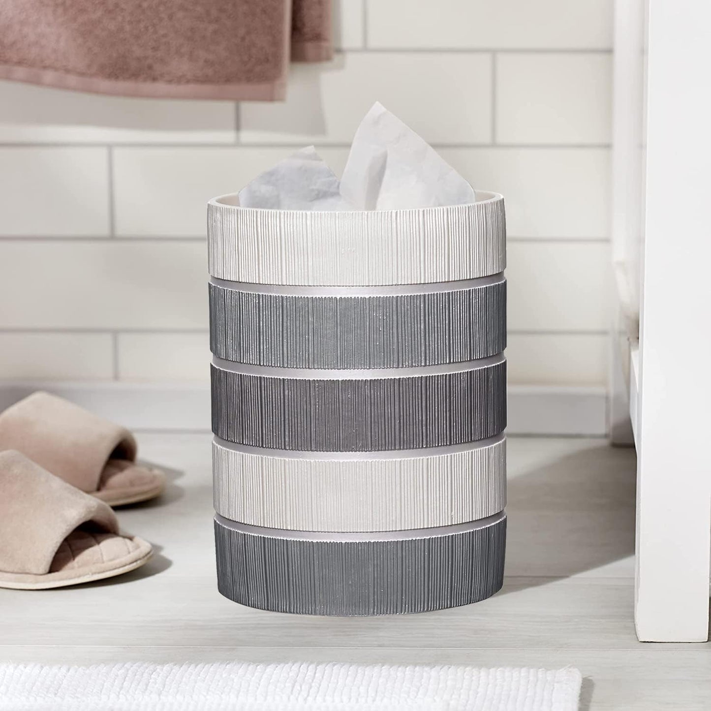 Zahari Home 2pc Modern Line Stylish Bath Accessories Set Waste Basket & Square Tissue Box Cover Classic Contemporary
