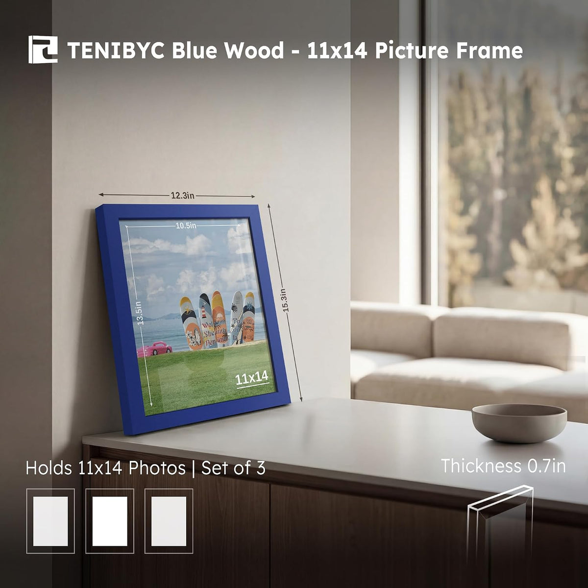 11x14 Picture Frame 3 Pack, Blue Wood, Real Glass, for Photo, Art | Thick HD Tempered Glass, Wall Hanging, Horizontal