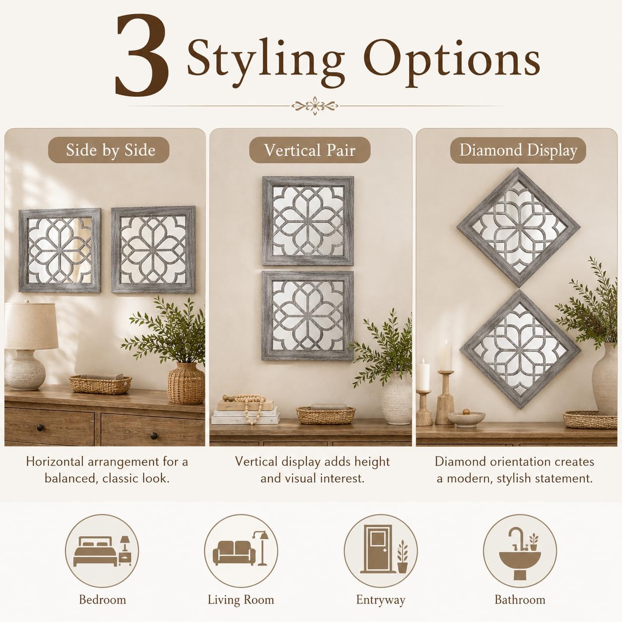 Boho Wall Mirror Decor / Brown / 12*12in / 12 x 12 / Set of 2