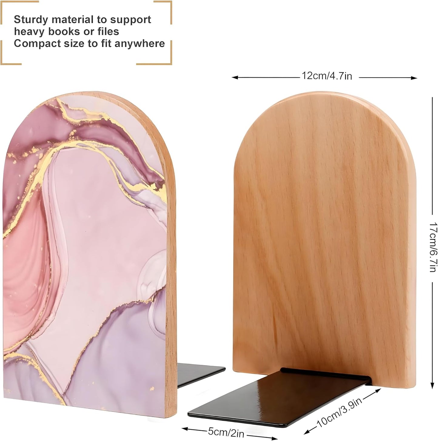 Wood Bookends / Glitter Rose Gold Marble Book Ends Book Stand Supports / Pink / Set of 2