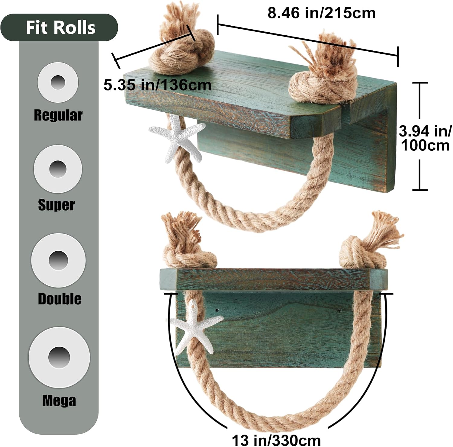 Rustic Rope Toilet Paper Holder Teal Farmhouse Bathroom Decor | Bathroom Accessory with Wood Shelf Nautical Coastal