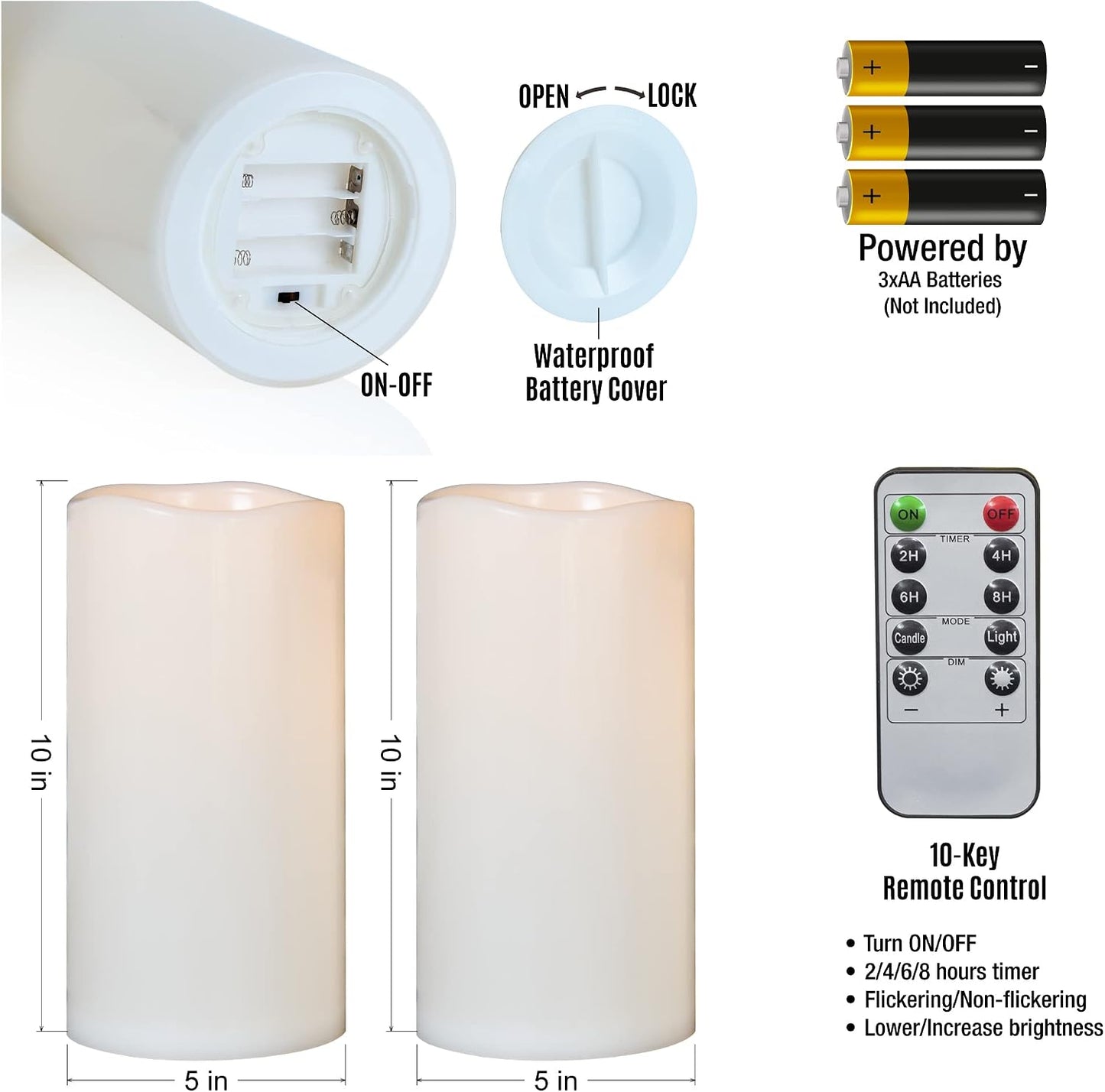 10" x 5" Waterproof Outdoor Flameless Candles Battery Operated LED Flickering Pillar Candles with Remote and Timer for