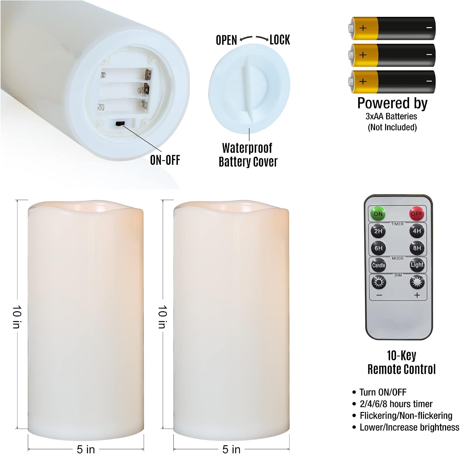 10" x 5" Waterproof Outdoor Flameless Candles Battery Operated LED Flickering Pillar Candles with Remote and Timer for
