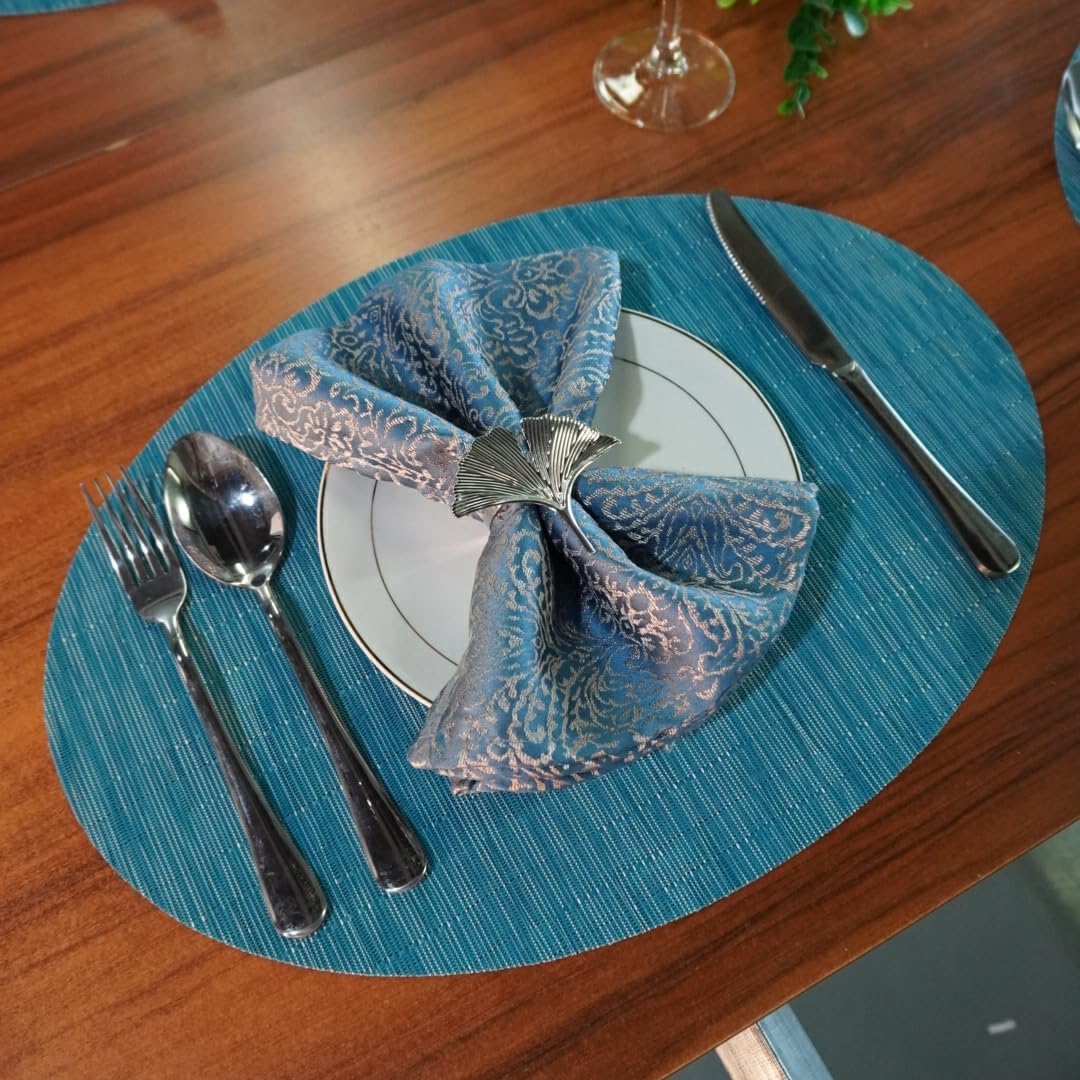 WAZAIGUR Oval Placemats Set of 8 for Dining Table Washable, Blue | Easy to Clean Imitation Bamboo Woven Vinyl Heat