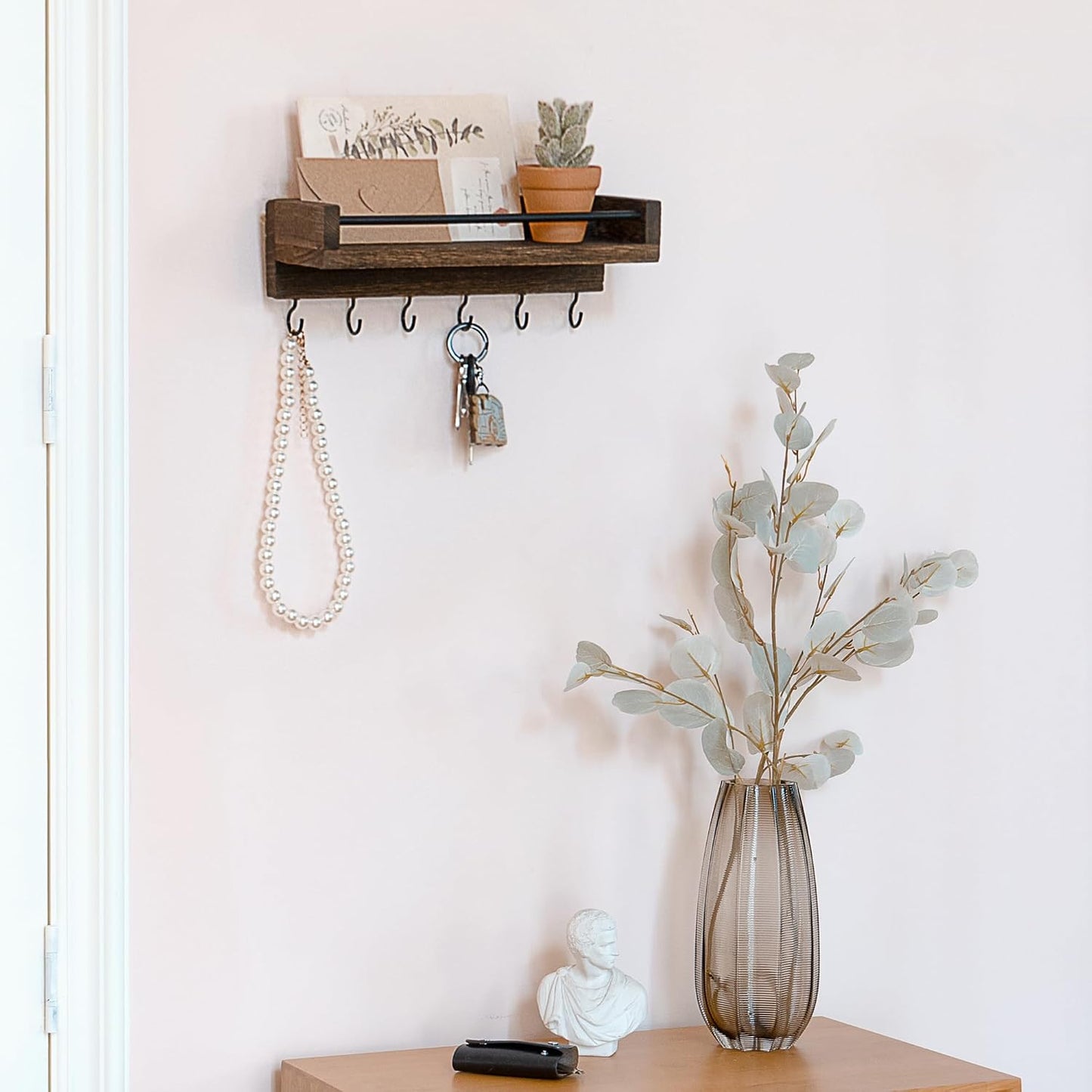 Key Holder / 6 Hooks Decorative Display Keys Hanger / Small / Brown / 9.5 x 3.5 x 2.5