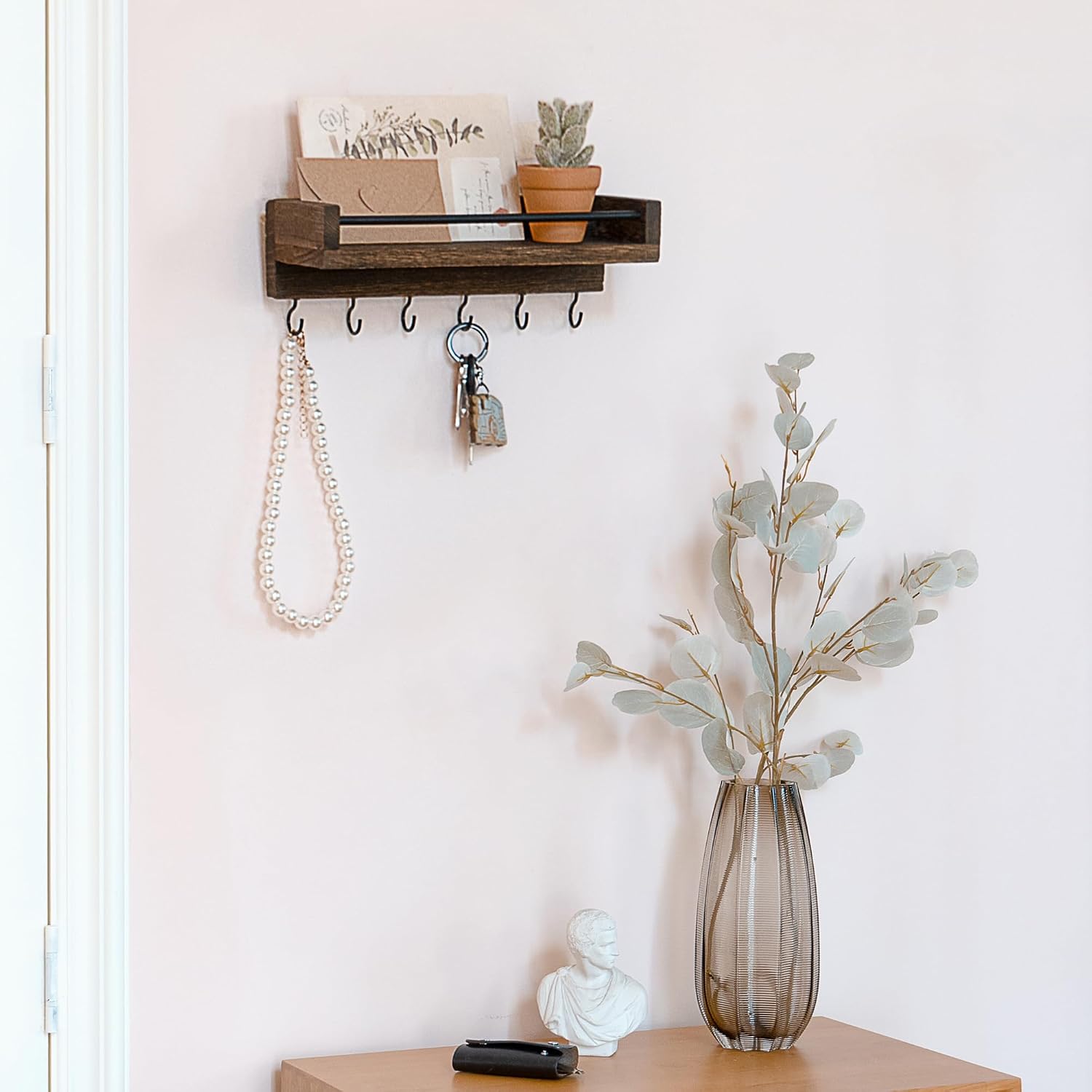 Key Holder / 6 Hooks Decorative Display Keys Hanger / Small / Brown / 9.5 x 3.5 x 2.5