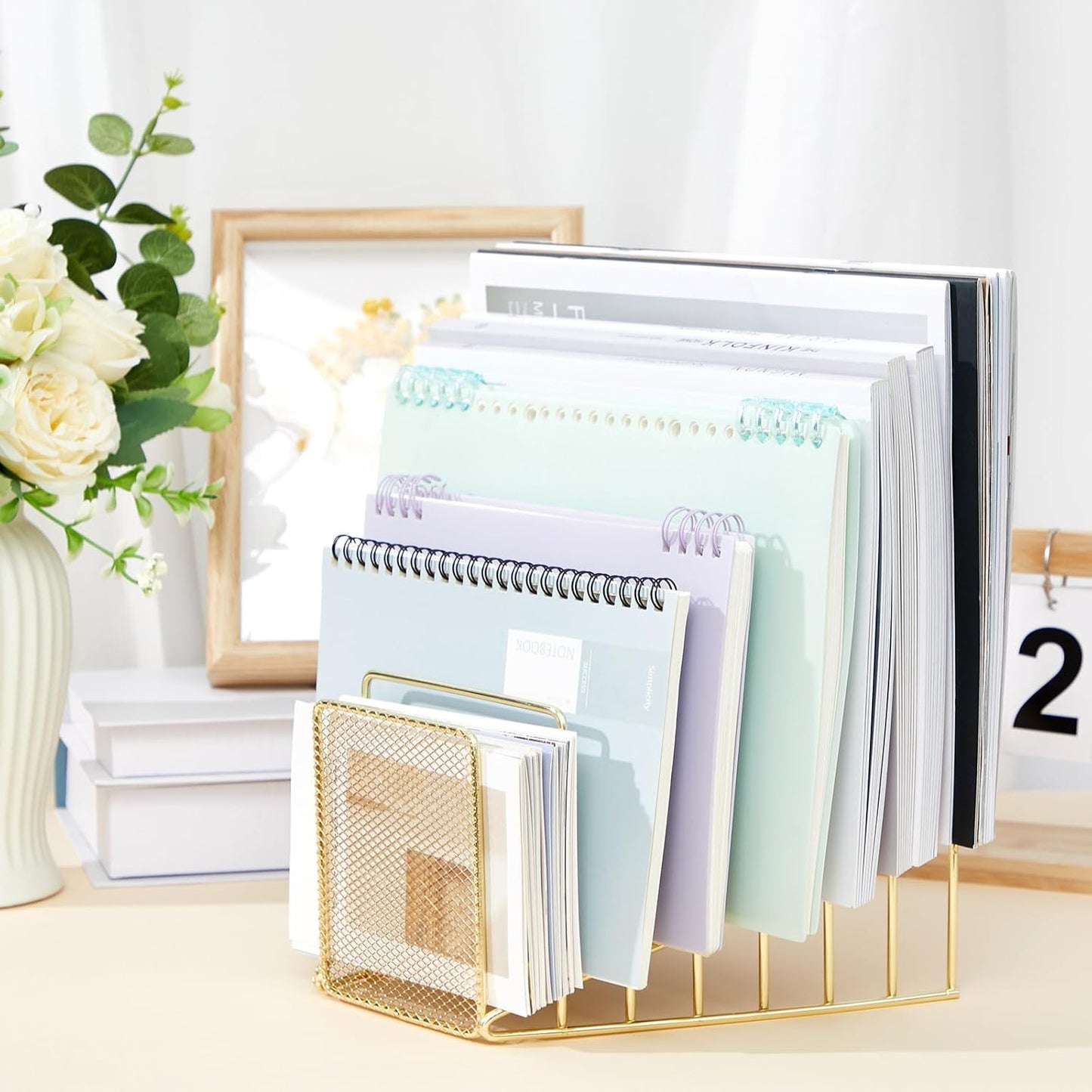 2 Pcs 7 Section Wire File Organizer for Desk, Metal Mesh Incline File Holder, Letter & Magazine Folder Rack, Desktop