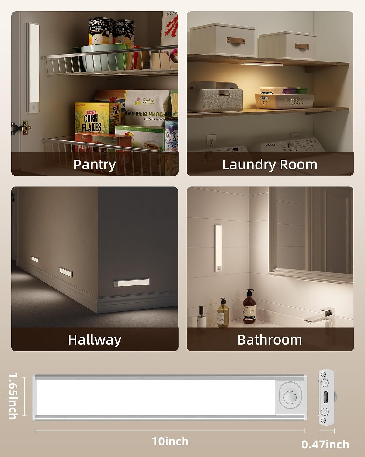 10inch Under Cabinet Lighting Wireless, 3-Pack Rechargeable Battery Motion Sensor Light Indoor, LED Closet Lights USB