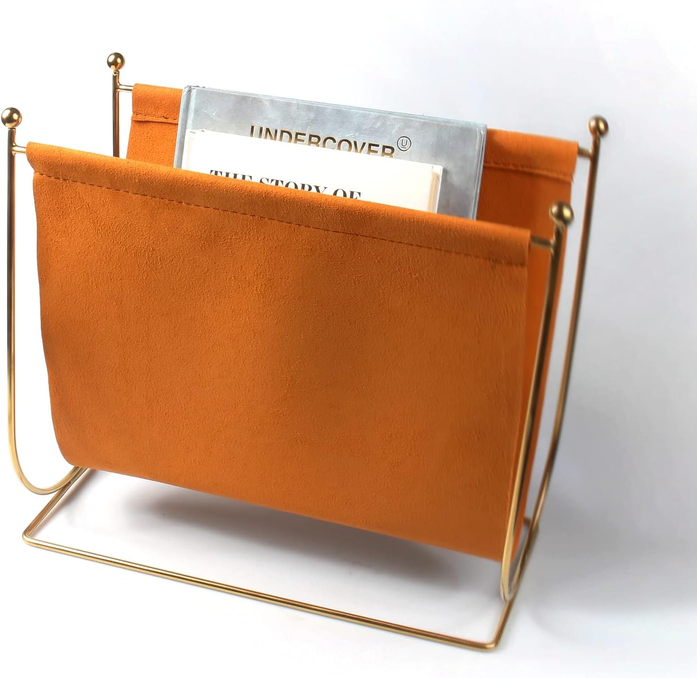 Plated Metal Wire and Suede Leather Magazine Holder Rack, Standing Rack for Magazines, Books, Newspapers, Home Staging