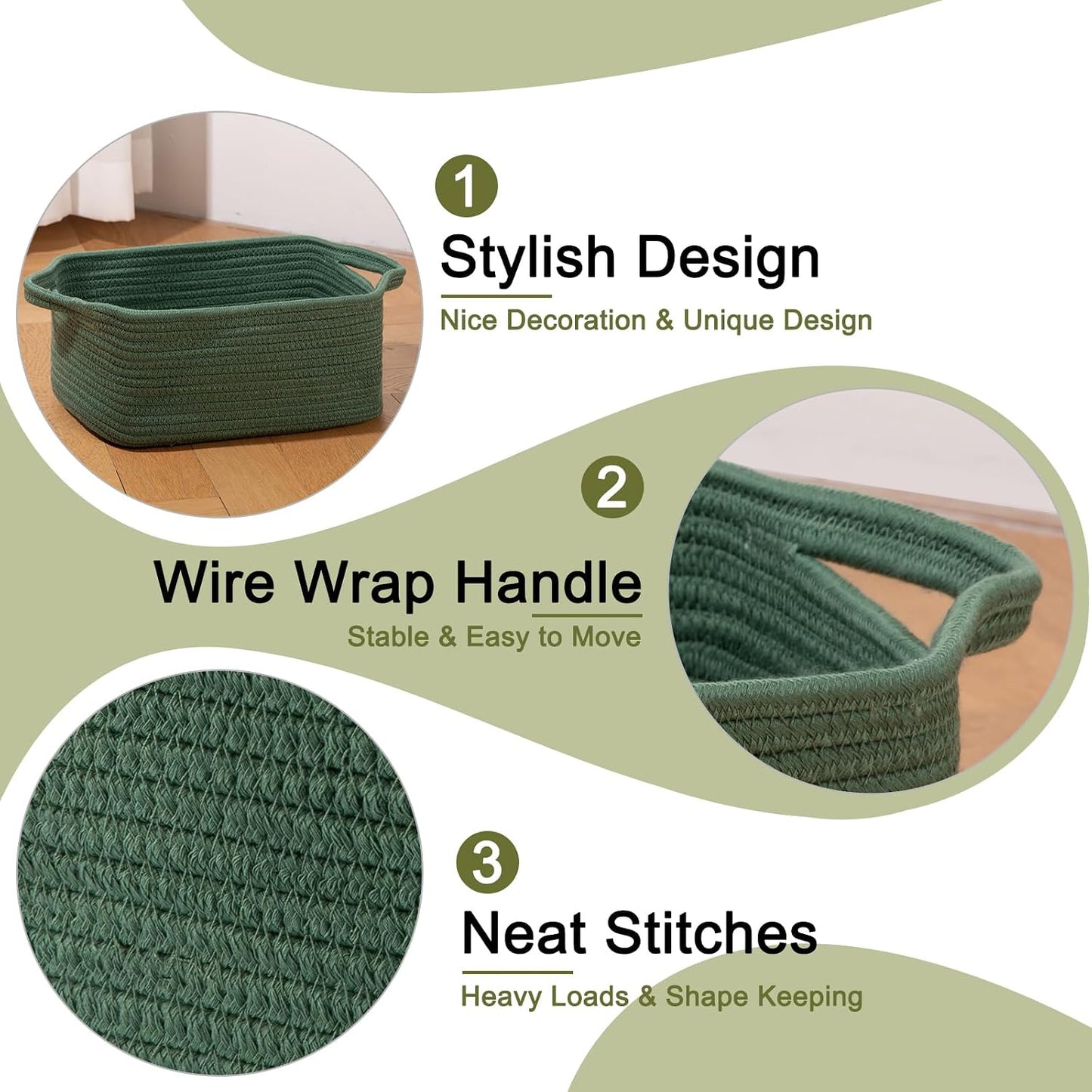 Cotton Rope Woven Baskets for Storage / Green / Set of 3