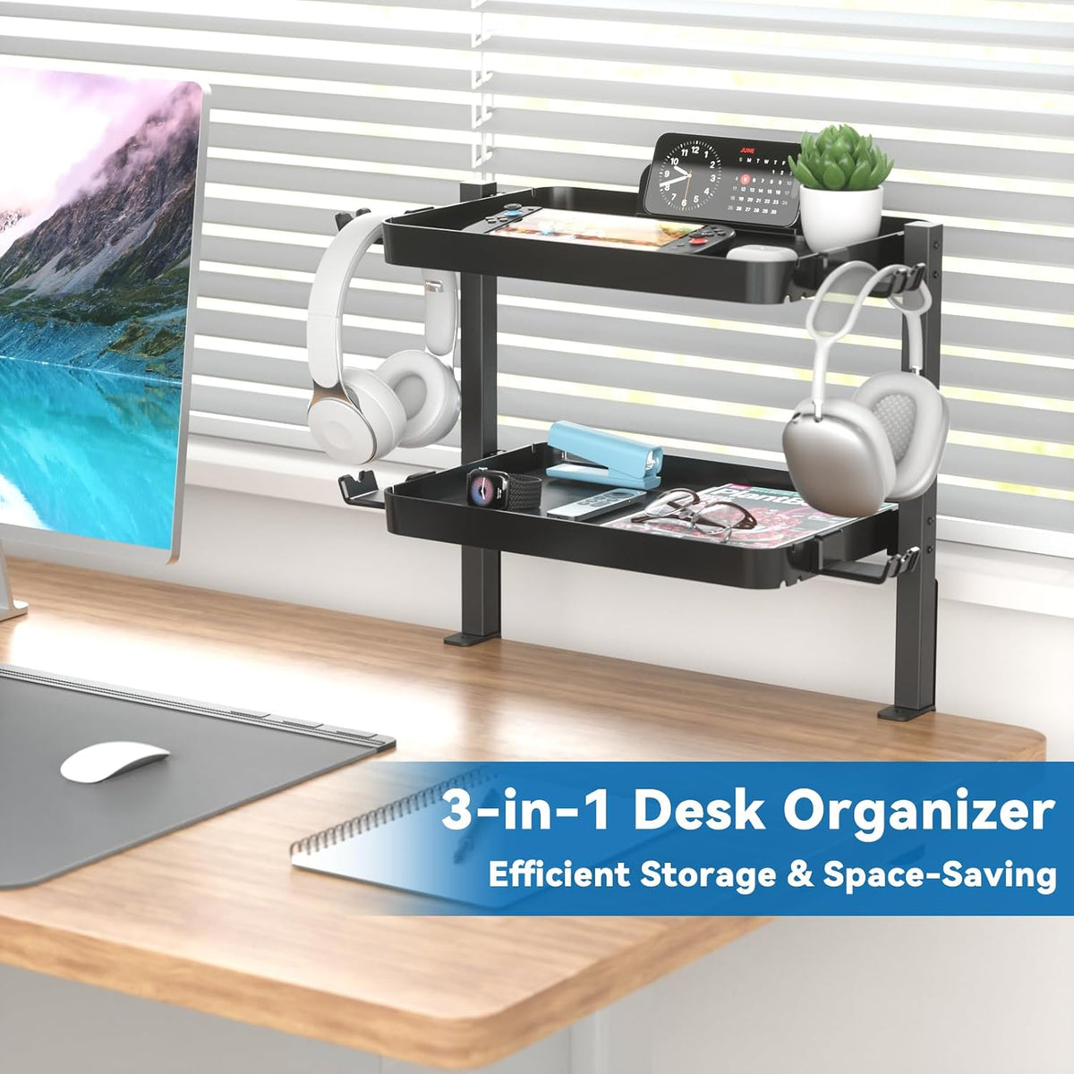 KDD Clamp On Desk Organizer - Adjustable 2-Tier Above or Under Desk Shelves with Large Capacity Tray, Phone & Tablet