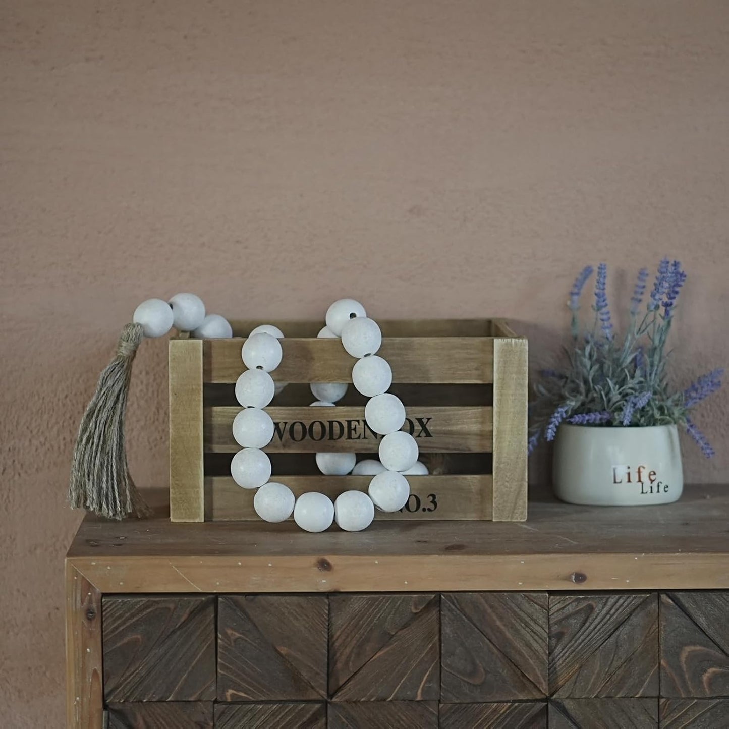 Wooden Beads Garland / Rustic White / 41 Inches