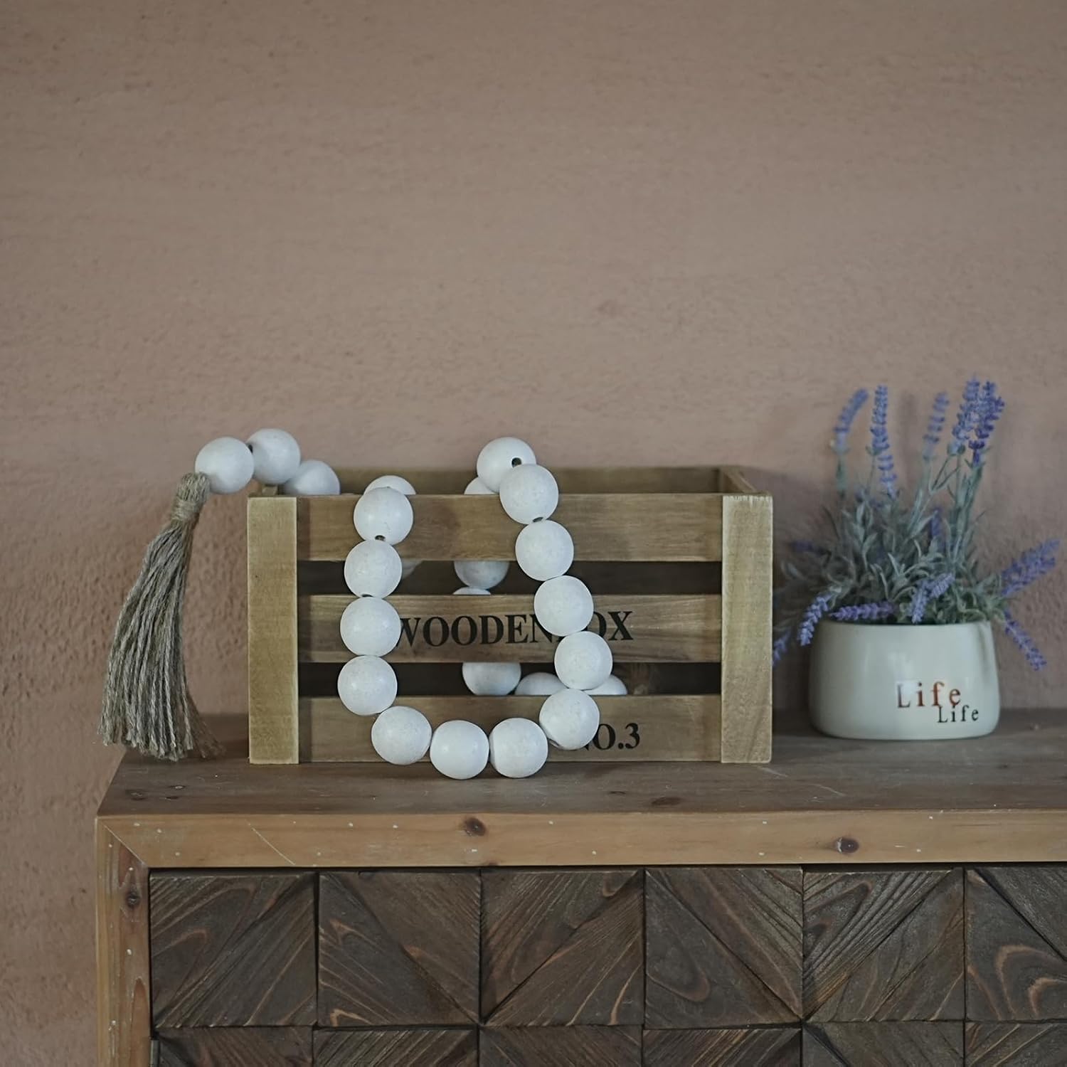 Wooden Beads Garland / Rustic White / 41 Inches