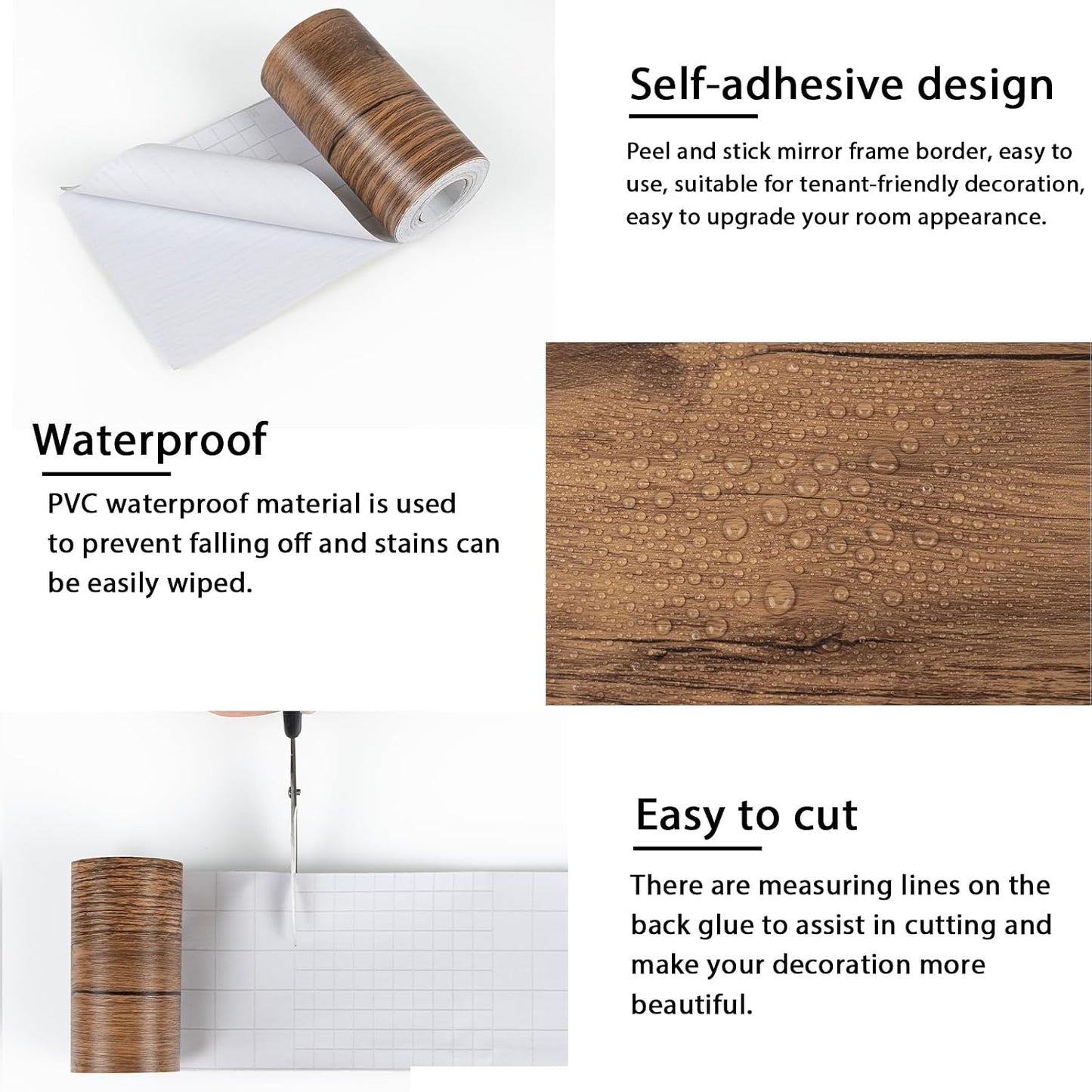 10M Wood Grain Mirror Frame Border Peel and Stick Wallpaper / 3.9 x 393 / Brown