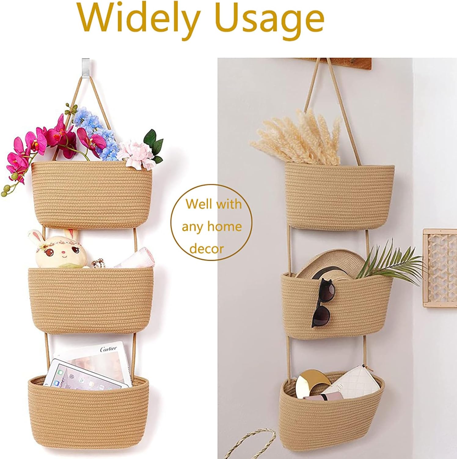 Woven Cotton Hanging Baskets for Organizing Decor 3-Tier Over the Door Wall-Mounted Storage / Brown