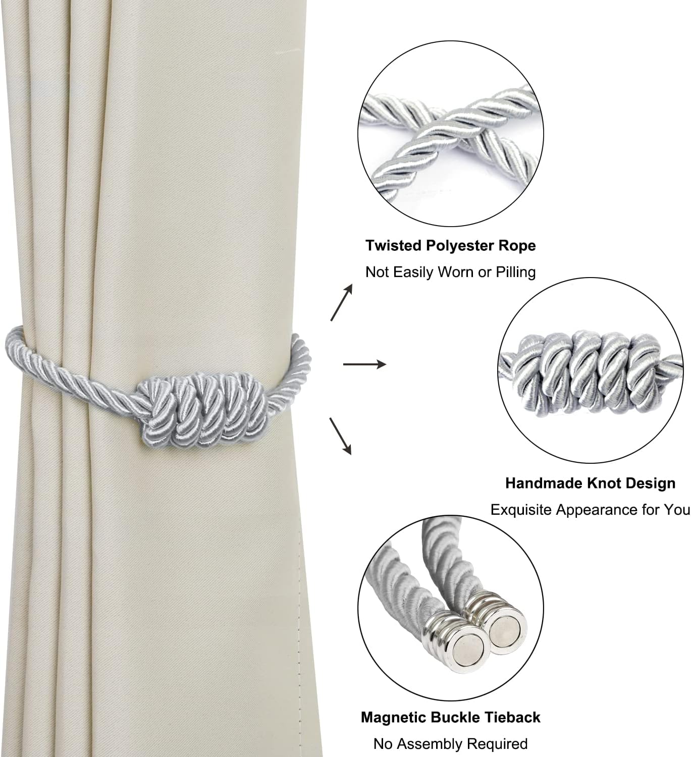 BEL AVENIR Magnetic Curtain Tiebacks 6 Pack Hand-Woven Curtain Ties | Silver Decorative Curtain Holdbacks Bohemian