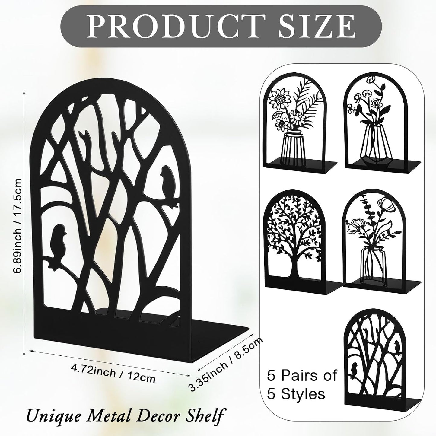 Metal Bookends / Tree and Flower Book Stoppers / Classic / Black