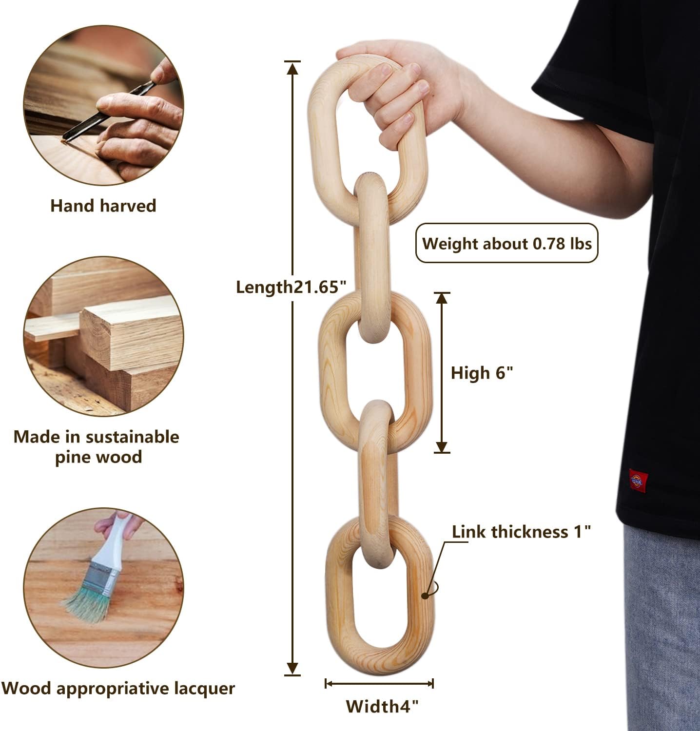 5 Link Chain Decor Hand-Carved Wooden Aesthetic Crafts / Natural