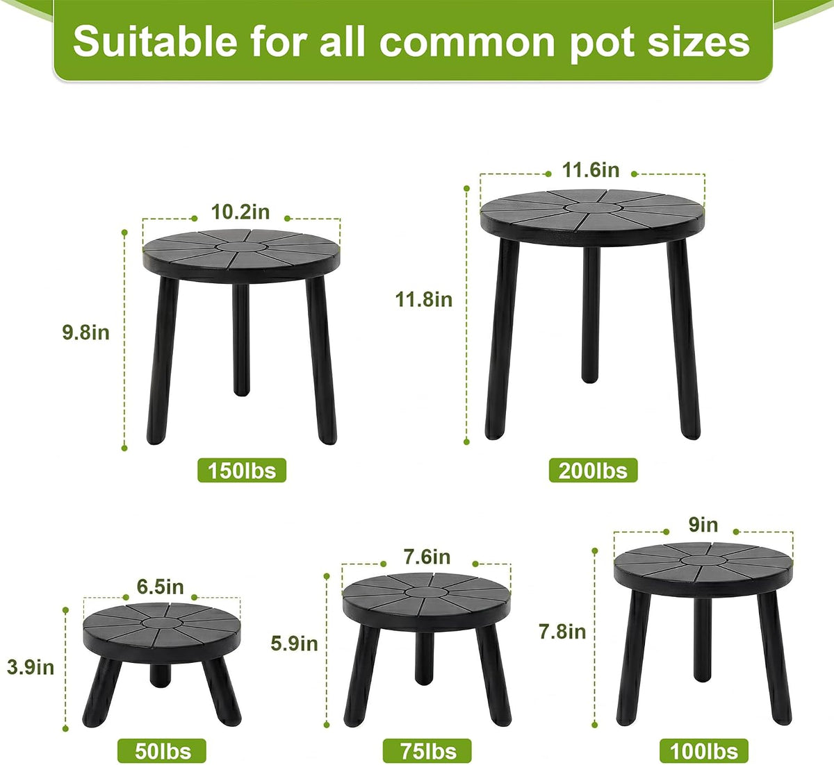 Wood Plant Stands 5-Pack Indoor, Plant Stool, Black | Premium carbonized pine with moisture-resistant, burr-free