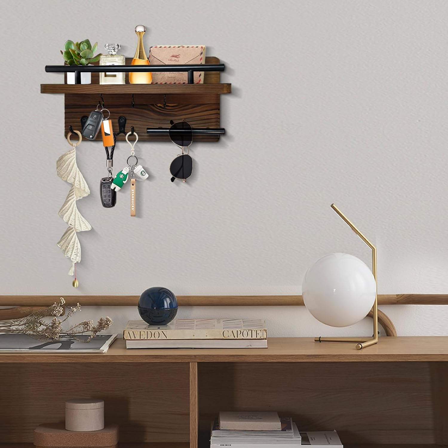 Wooden Wall Mounted Key and Mail Holder Organizer