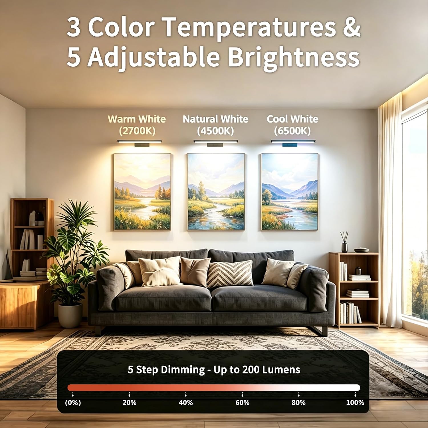 24" Wireless Picture Light, Dimmable Rechargeable Wall Light for Artwork | 5400mAh Cordless Black Wall Sconce