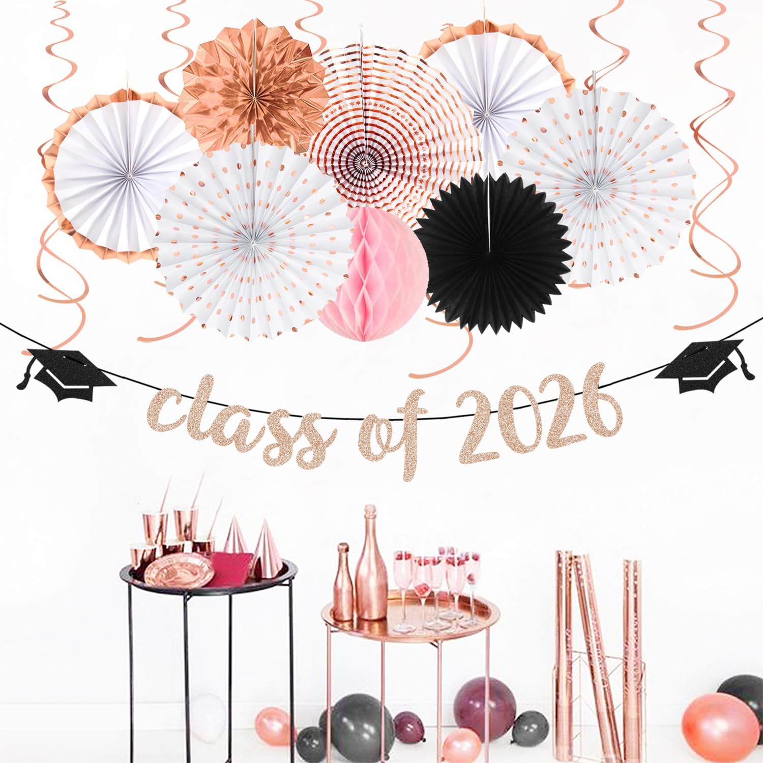 Kit Class of 2026 Streamers / Rose-gold Pink Black Class of 2026 / Set of 18
