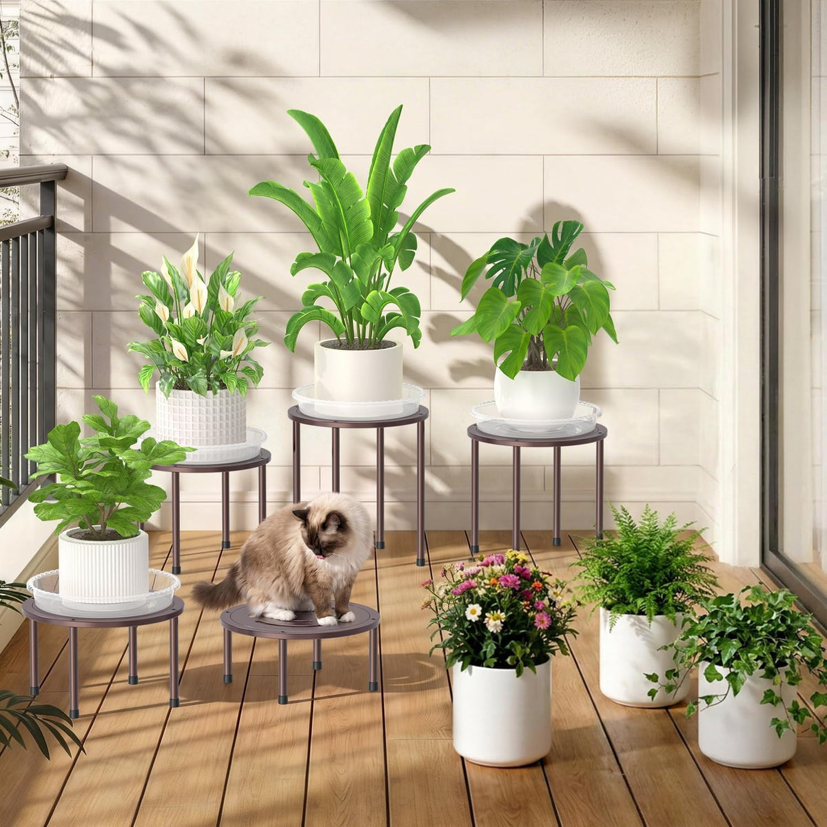iDavosic.ly 5-Pack Metal Plant Stands with 5 Plant Saucer Tray, 10'' Bronze | Flower Pot Holder, Heavy Duty Iron Stool