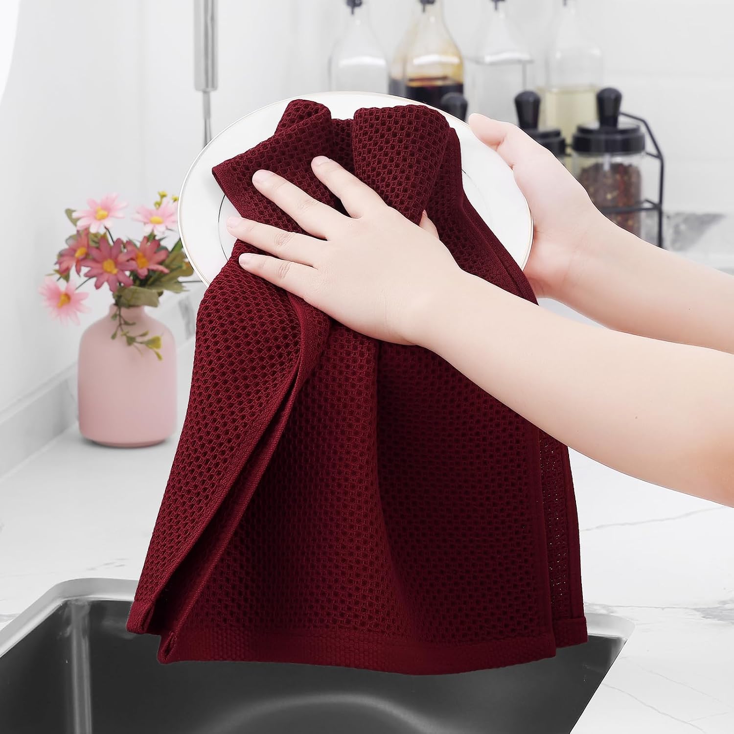Homaxy 100% Cotton Waffle Weave Kitchen Dish Towels 8-Pack, Burgundy | 13 x 28 Inches, Ultra Soft Absorbent Dish