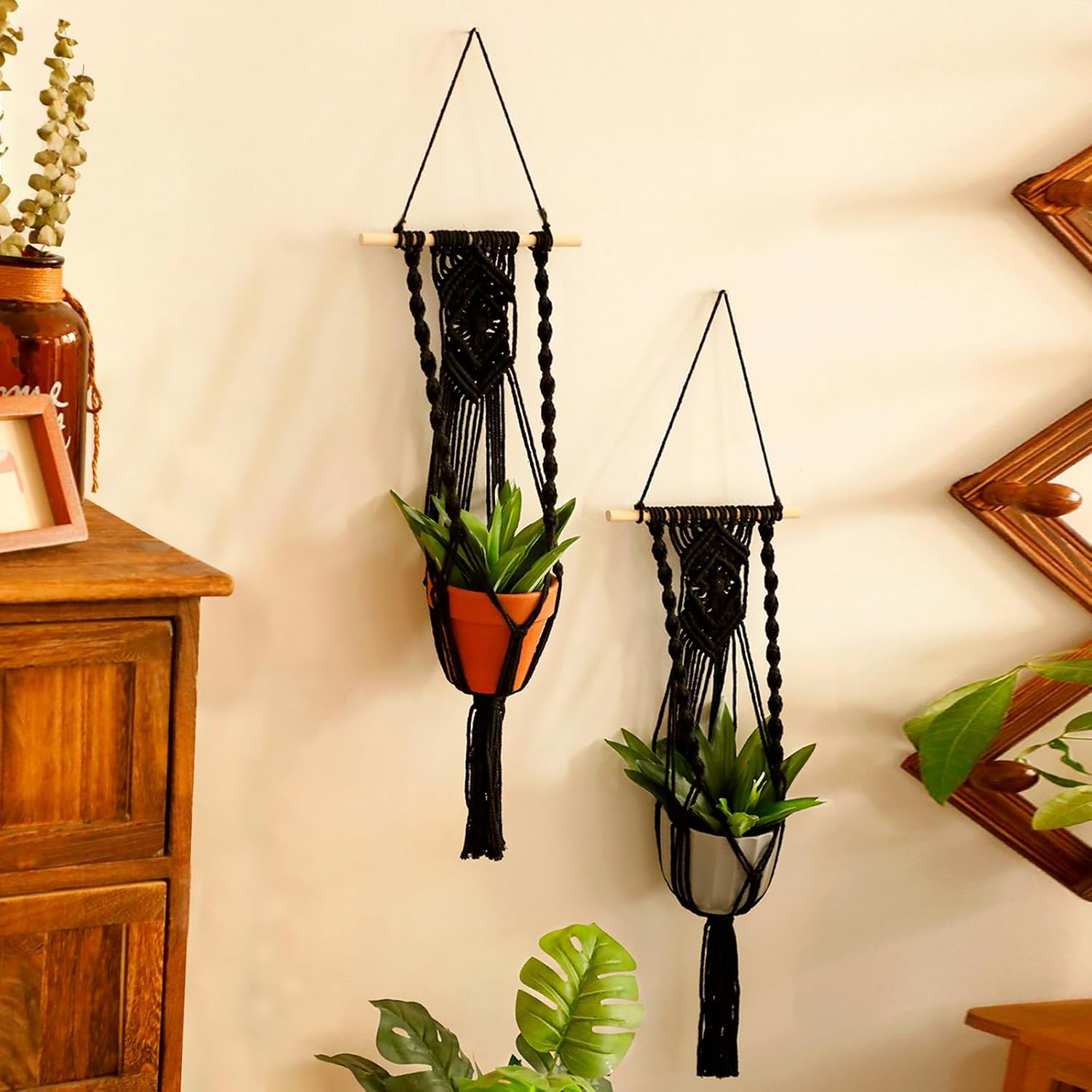 Black Plant Hanger Macrame Hanging Planter / Black Wood Hanger / Set of 2
