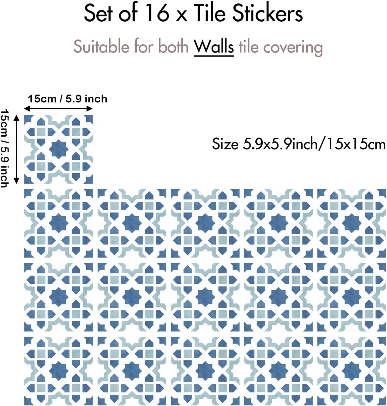 Modern Moroccan Tile Decals / Blue / 5.9 Inch / Set of 16