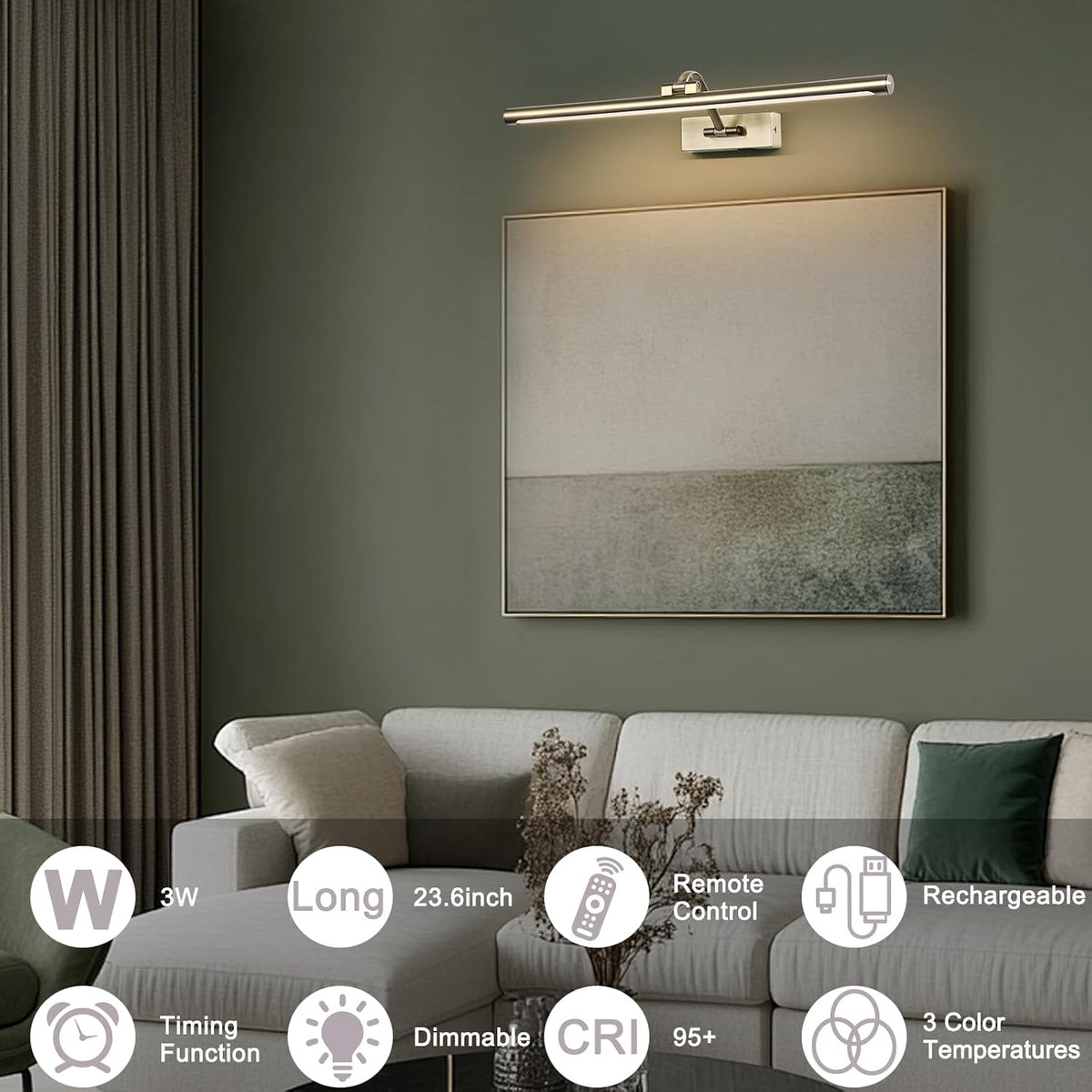Antique Bronze LED Wireless Picture Lights for Wall Rechargeable, Battery Operated Art Light for Paintings, 3CCT