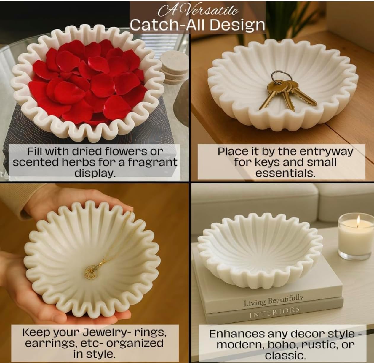 HandCrafted Marble Ruffle Bowl/Antique Scallop Bowl/Fruit Bowl/Vintage Ring / 6 Inches