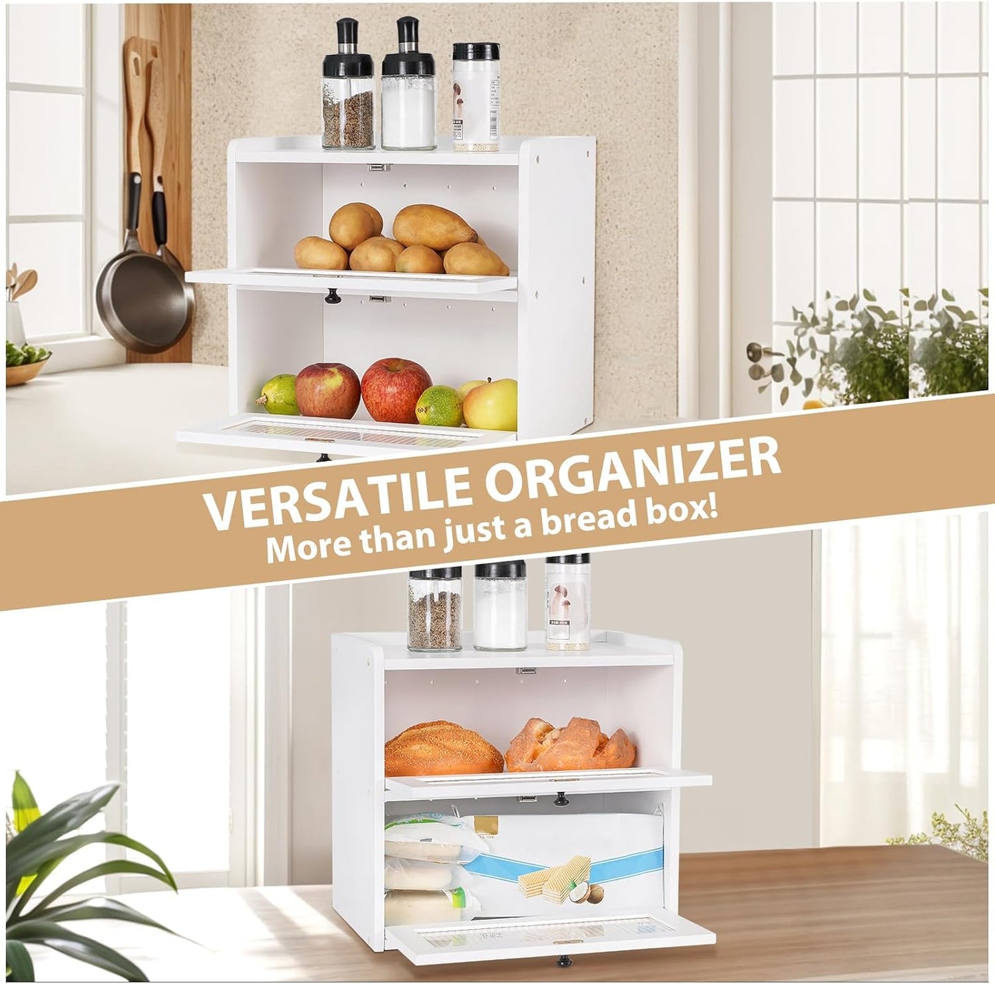 Sunhoo Bread Box for Kitchen Countertop Wooden Bread Storage Container Bin 2 Layer Breadbox Holder Large Capacity