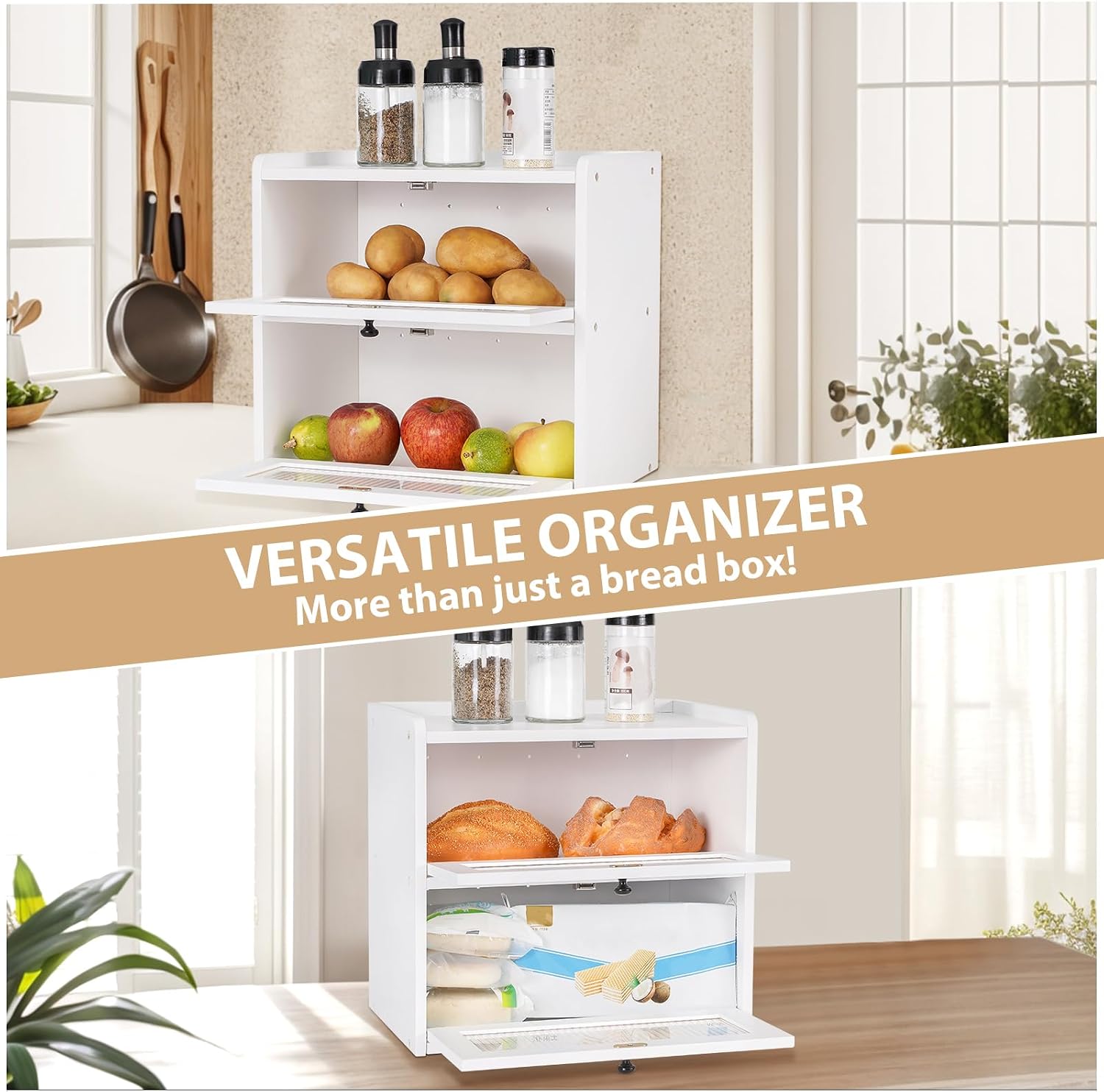 Sunhoo Bread Box for Kitchen Countertop Wooden Bread Storage Container Bin 2 Layer Breadbox Holder Large Capacity