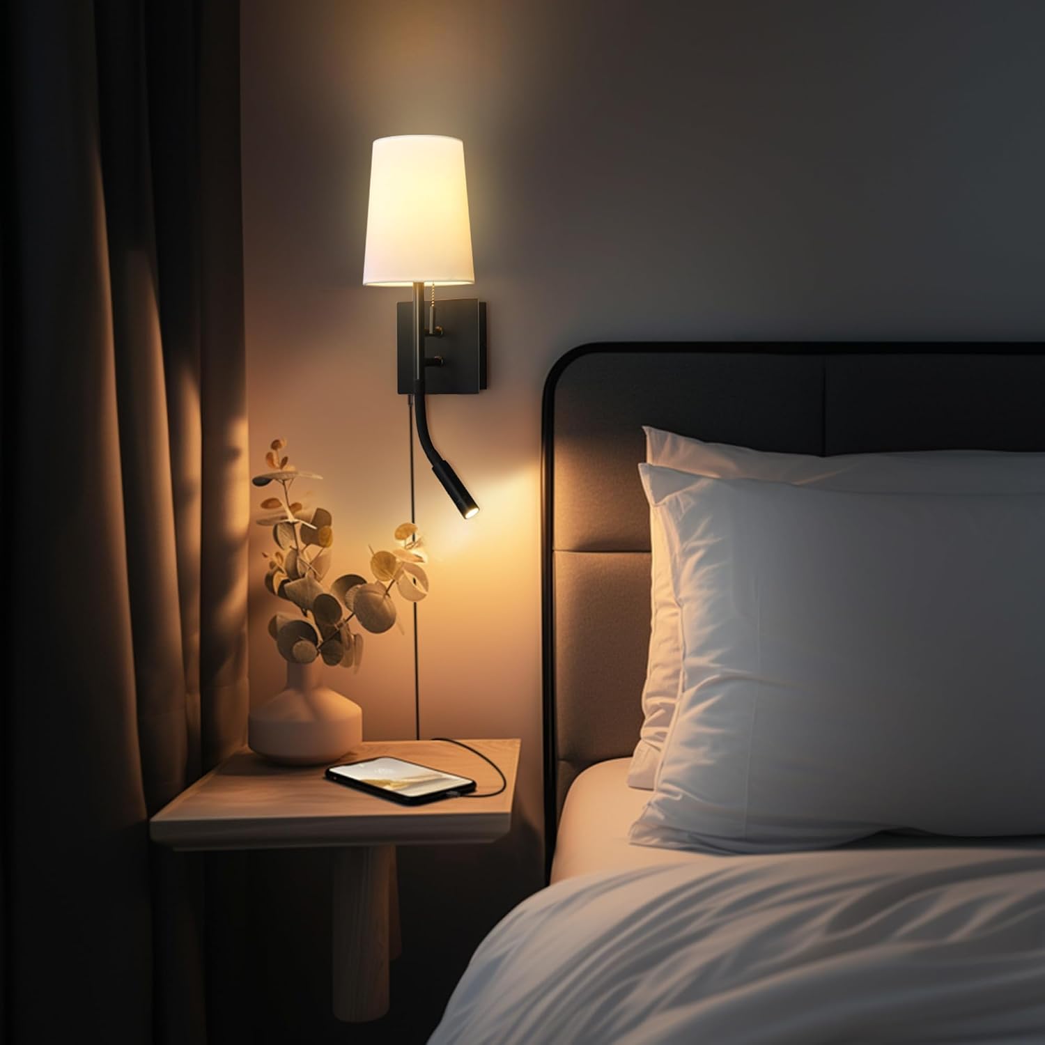 Globe Electric 1-Light Plug-in or Hardwired Wall Sconce with LED Integrated Reading Light, USB-A Port, USB-C Port