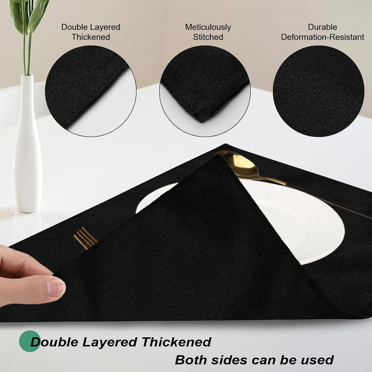 Cloth Placemats Set of 6, Cotton Linen Blend Place Mats, Black | Machine Washable, Double Layered, Heat Resistant