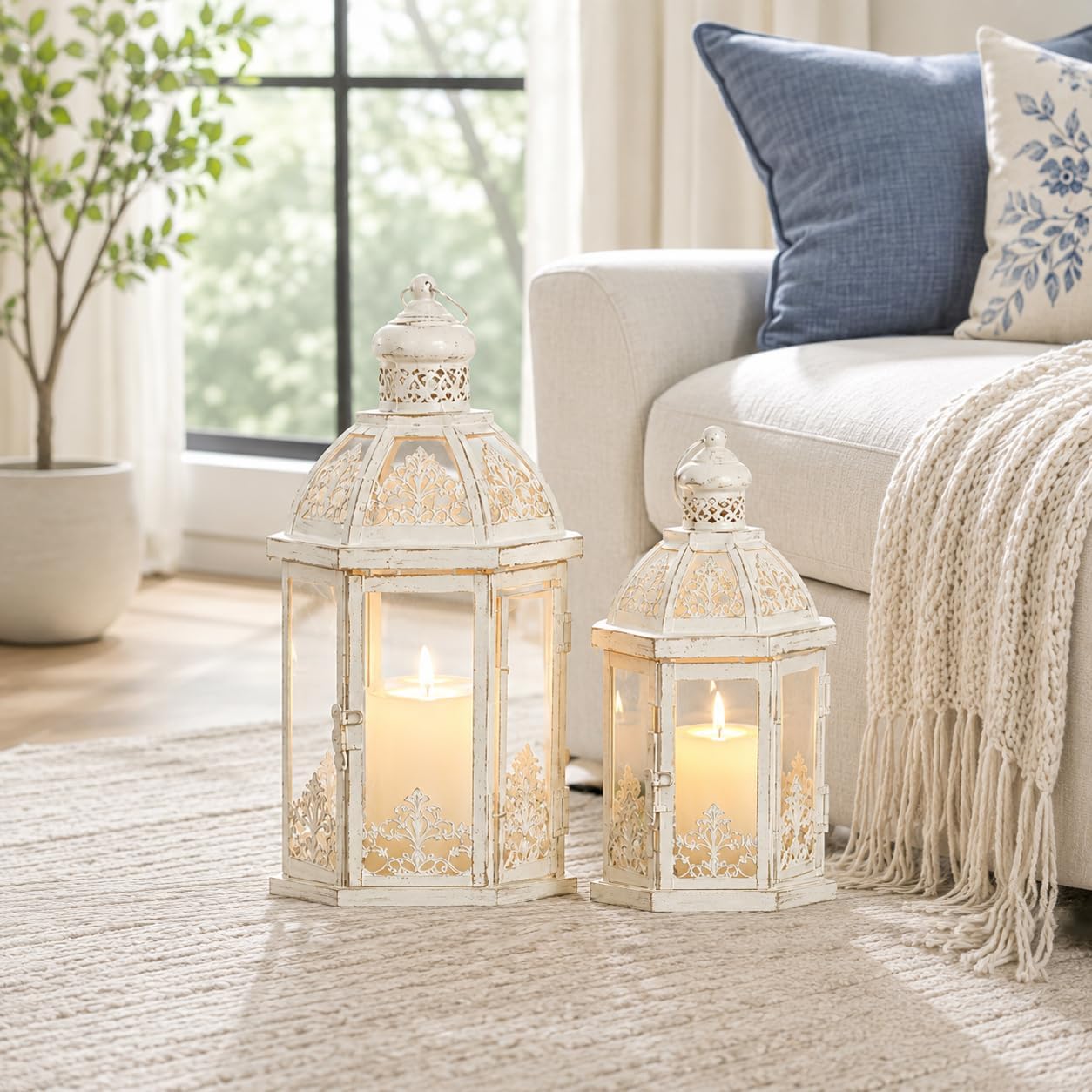 Lanterns Decorative Outdoor&Indoor, Set of 2 (15"&11") Beige Metal Lantern Decor with Glass, Candle Holder for Porch