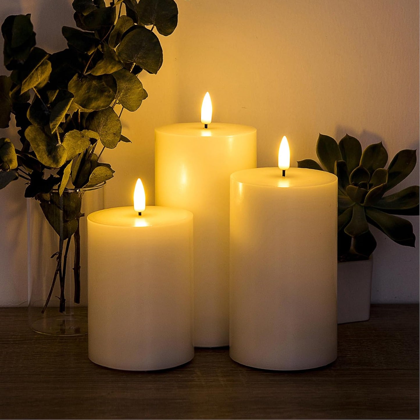White Flameless Pillar Candles with Remote Set of 3 | Flickering LED Candles, 2 AA Battery Power, Flat Top Real Wax