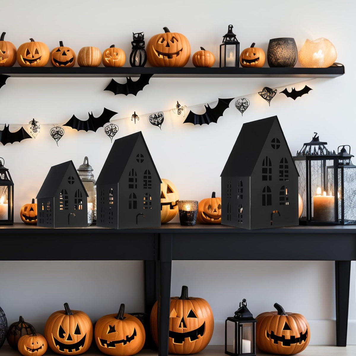 Beeveer 3 Pack Halloween Black Metal Houses Tabletop Pre-lit Lanterns | Haunted Village Sculpture with Hollow Cutouts