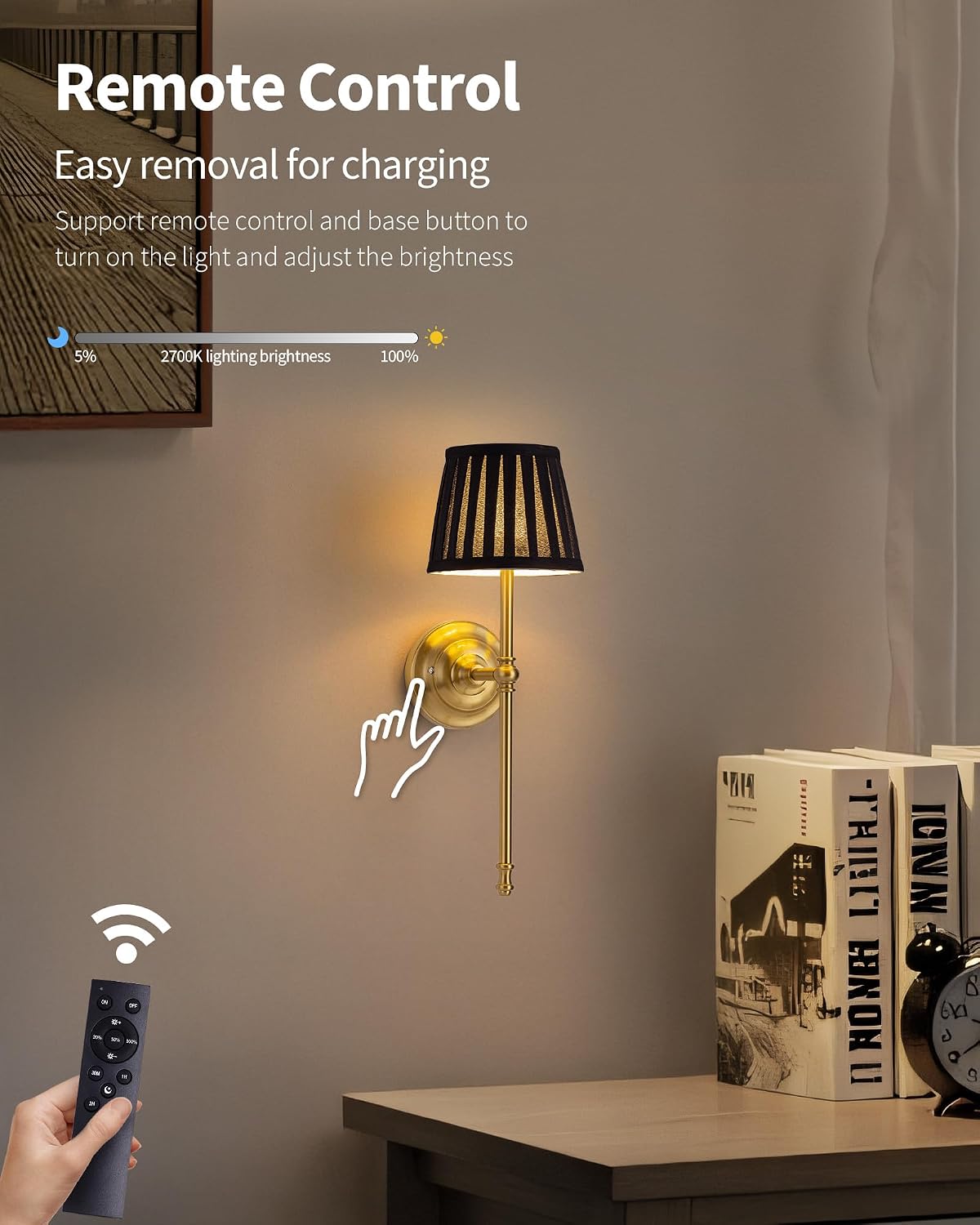 KDG Gold Cordless Wall Sconces Set of 2, Black Fabric LED Wall Lamps | Wireless Small Rechargeable Battery, Portable